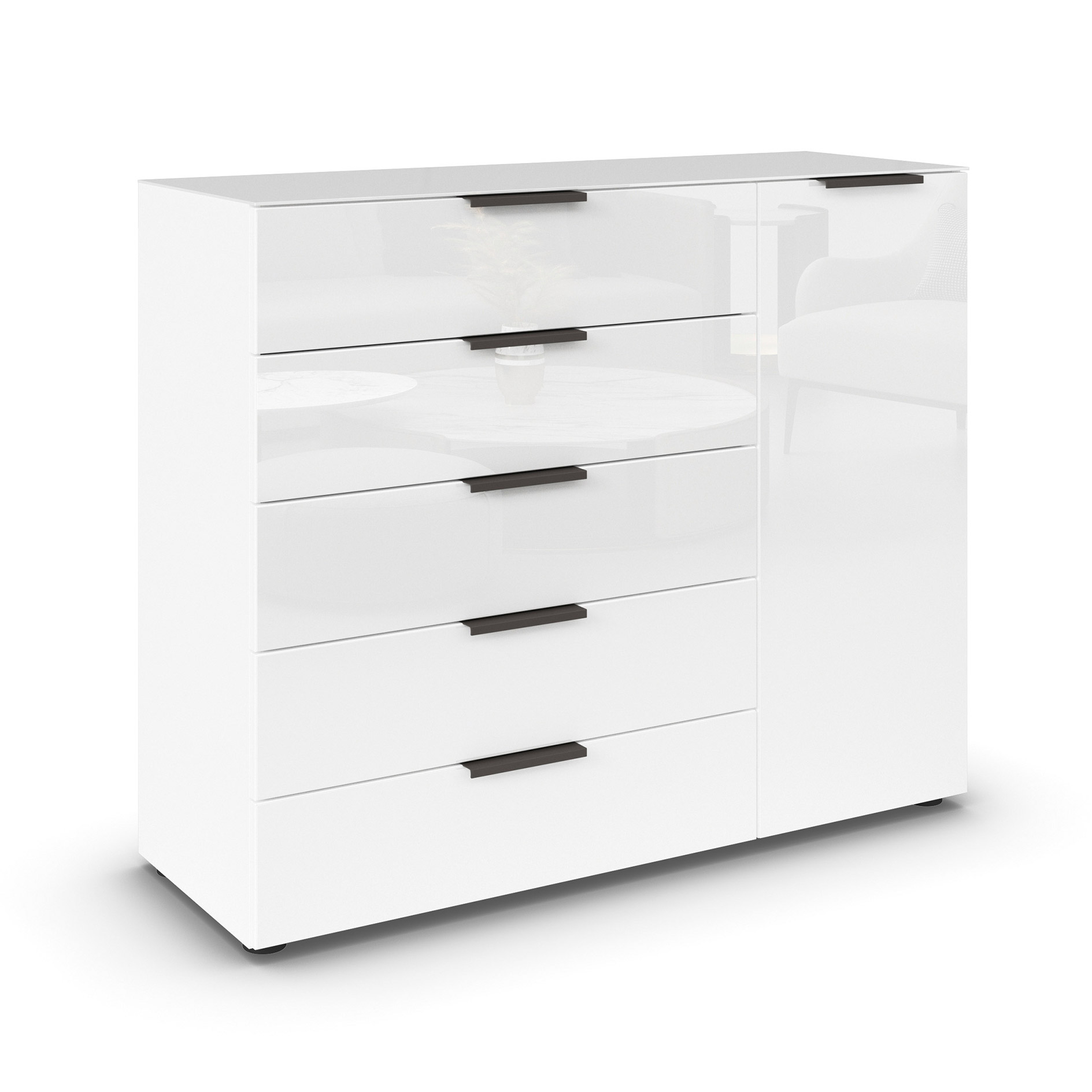 Kommode - alpinweiß-Kristallweißglas - Graphitgriffe - 120 cm