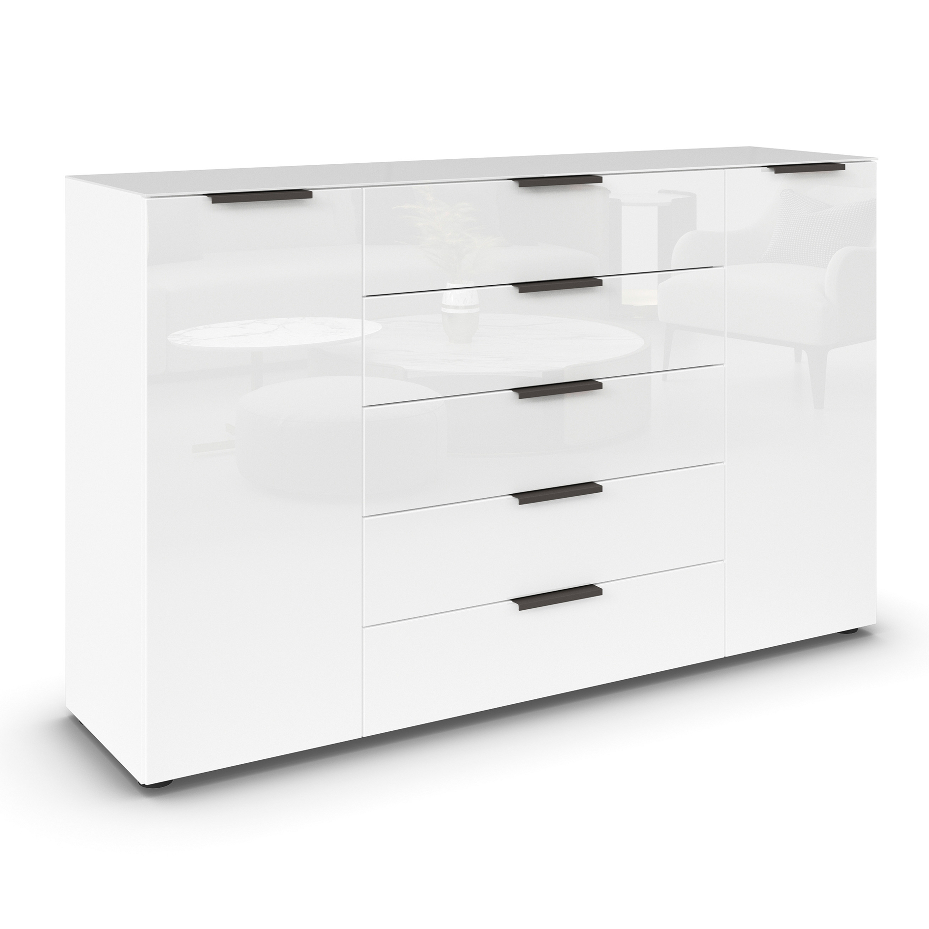 Kommode - alpinweiß-Kristallweißglas - Graphitgriffe - 160 cm