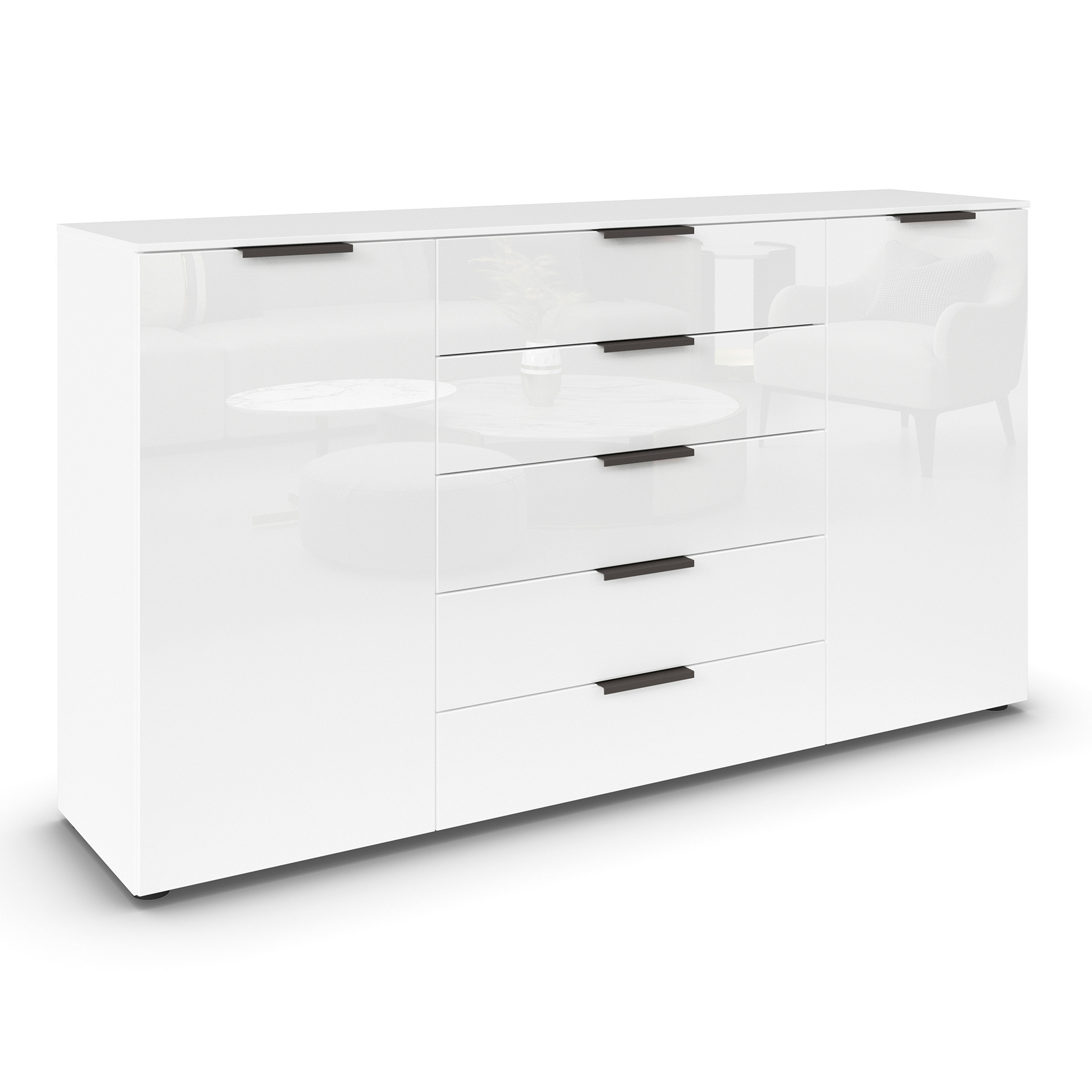 Kommode - alpinweiß-Kristallweißglas - Graphitgriffe - 180 cm