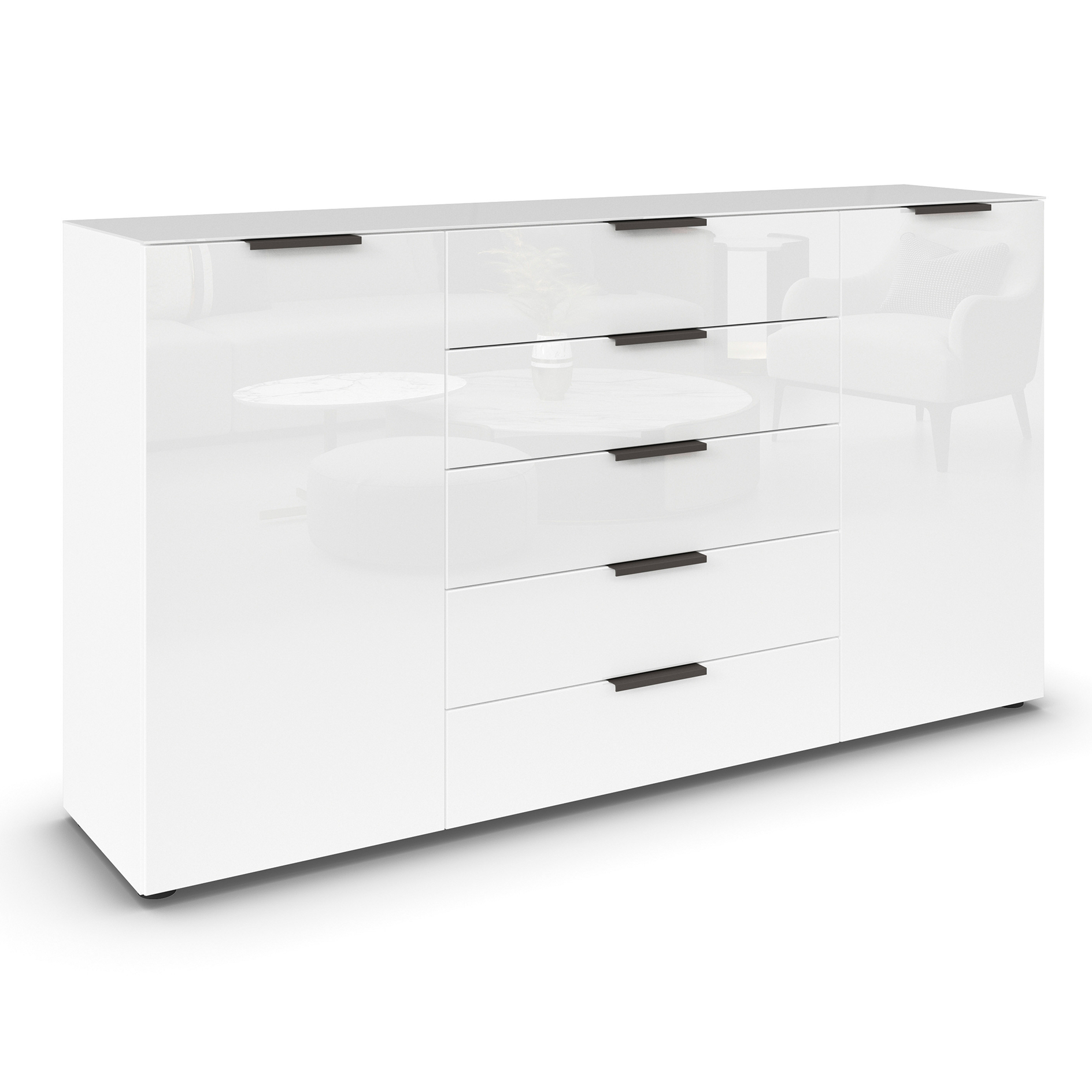 Kommode - alpinweiß-Kristallweißglas - Graphitgriffe - 180 cm