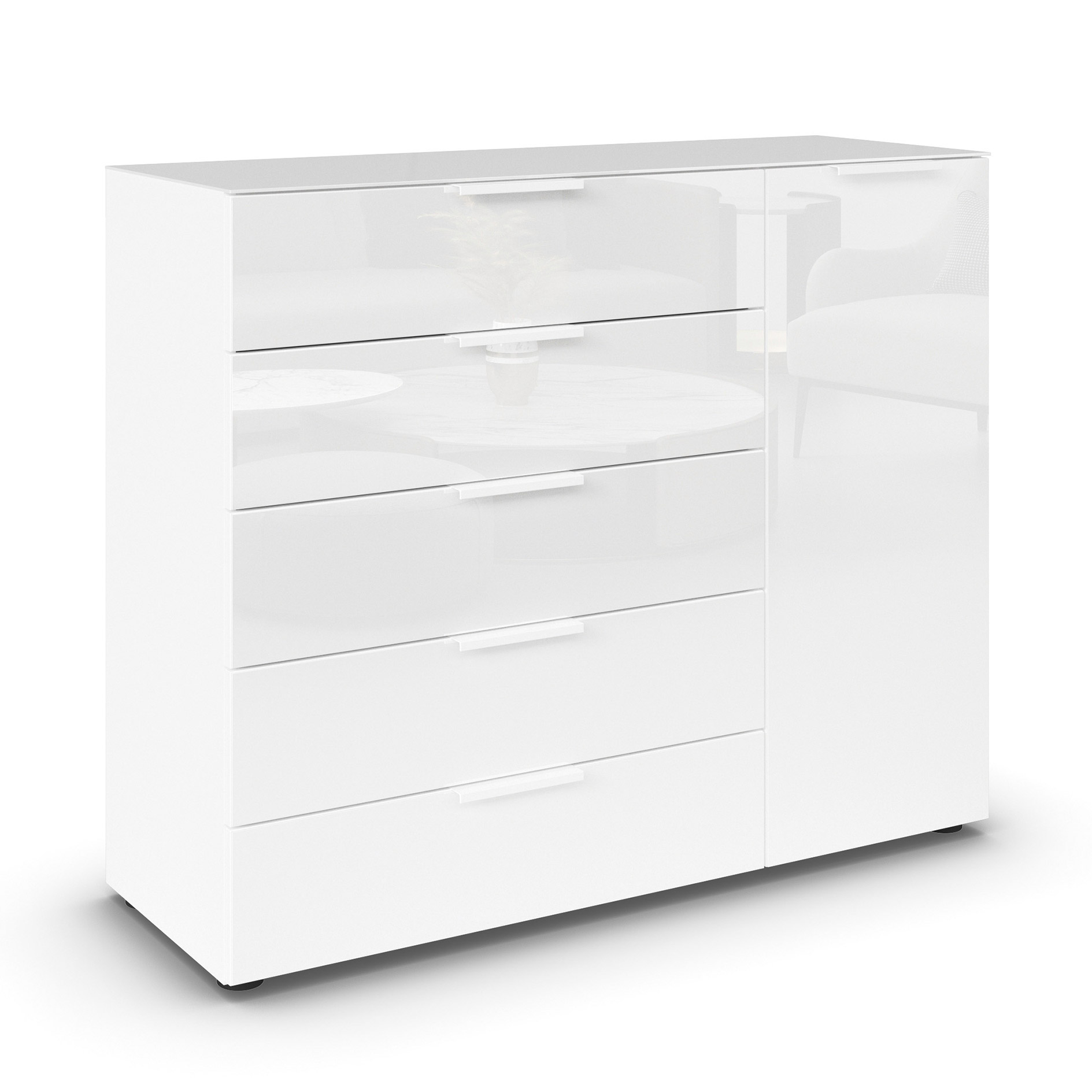 Kommode - alpinweiß-Kristallweißglas - weiße Griffe - 120 cm