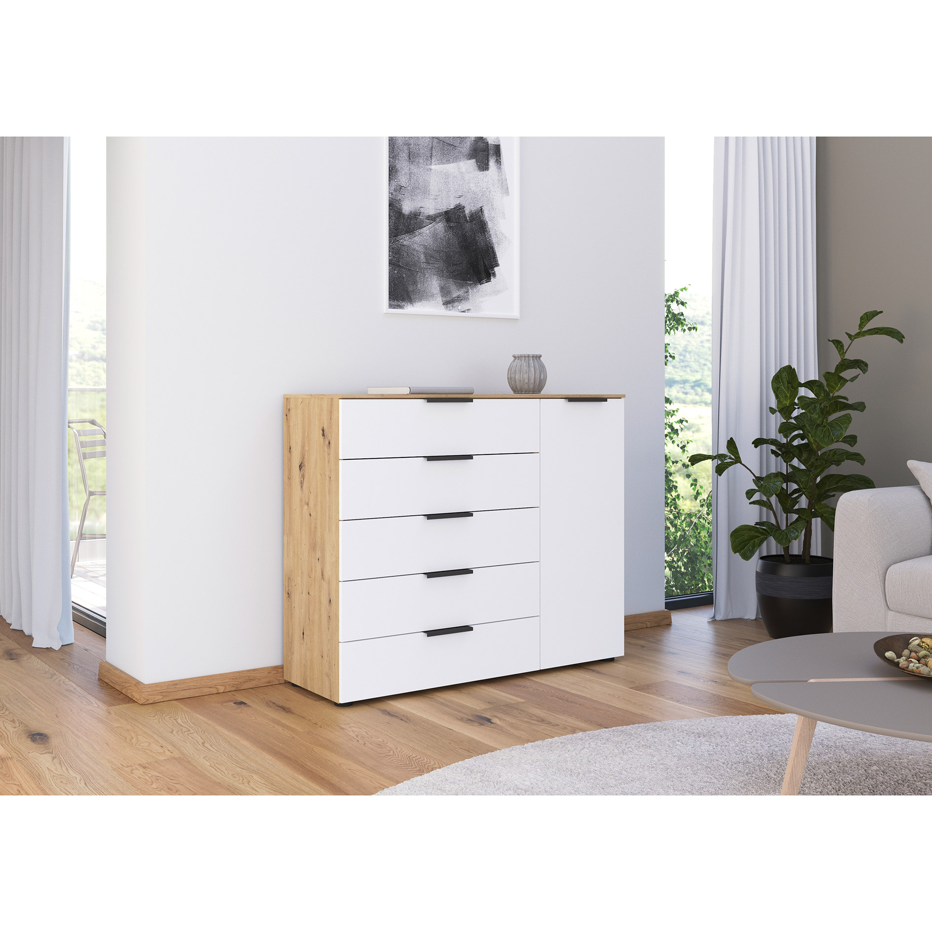 Kommode - Artisan Eiche - alpinweiß - Graphitgriffe - 120 cm