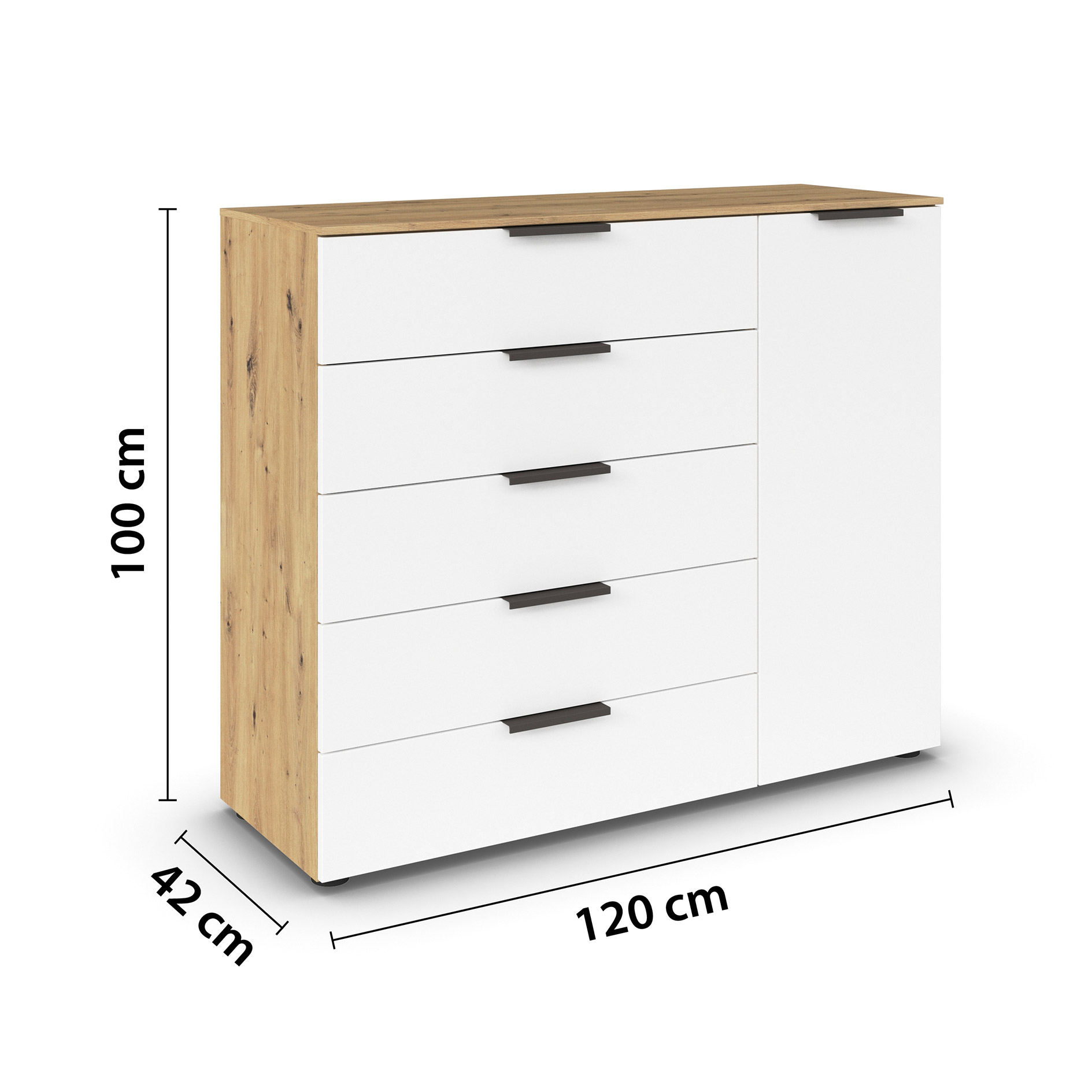 Kommode - Artisan Eiche - alpinweiß - Graphitgriffe - 120 cm
