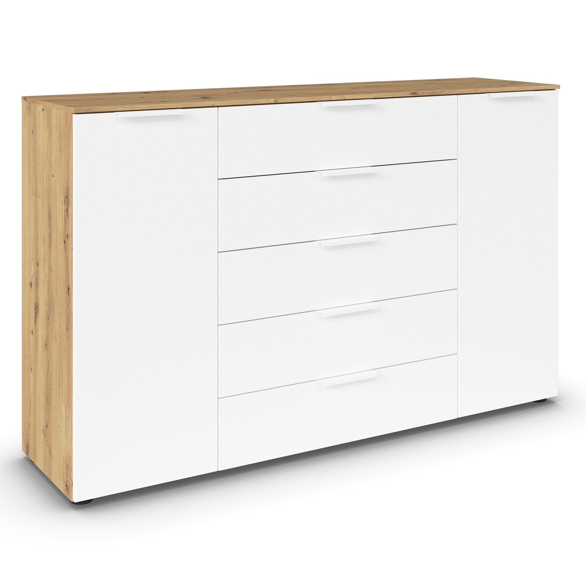 Kommode - Artisan Eiche - alpinweiß - weiße Griffe - 160 cm