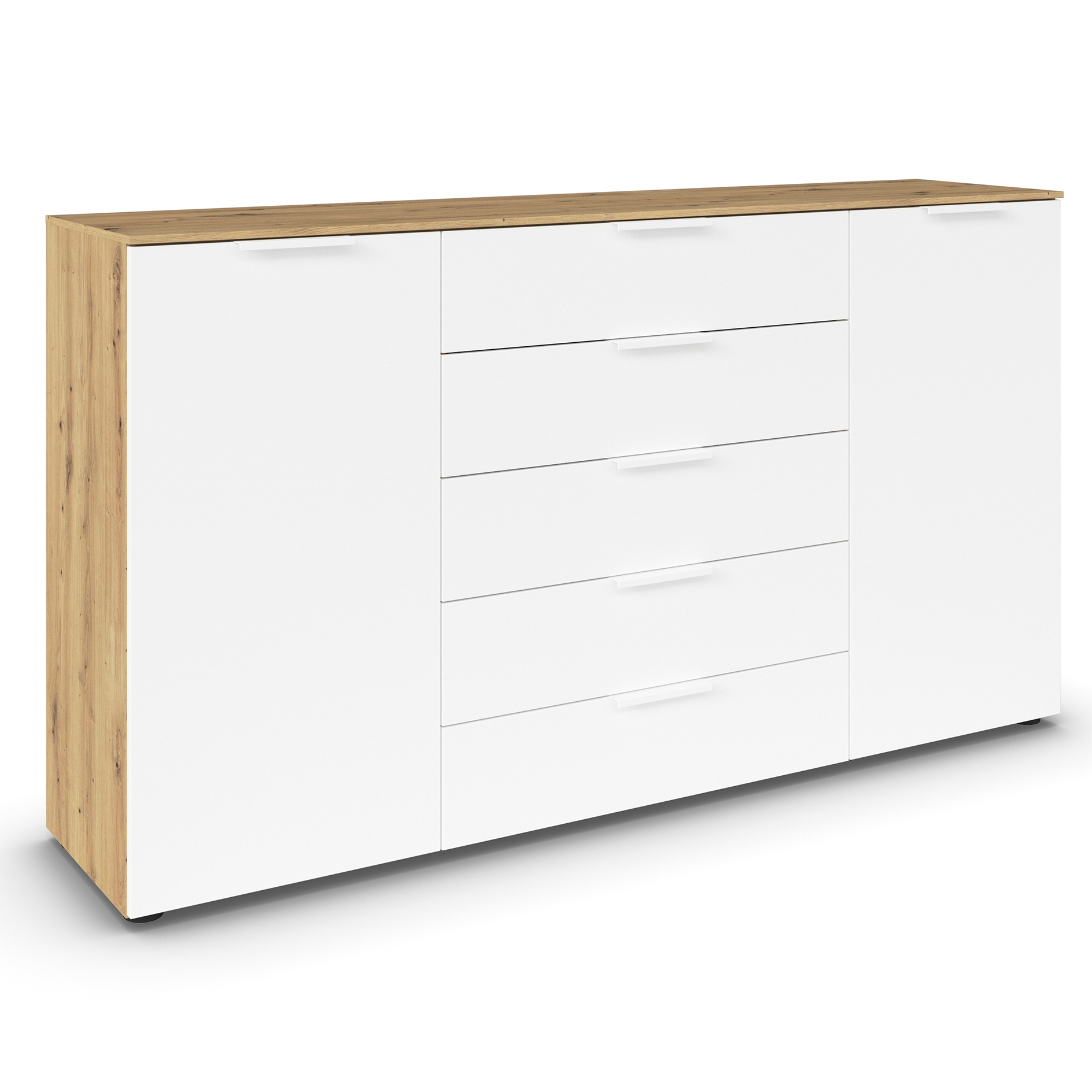 Kommode - Artisan Eiche - alpinweiß - weiße Griffe - 180 cm