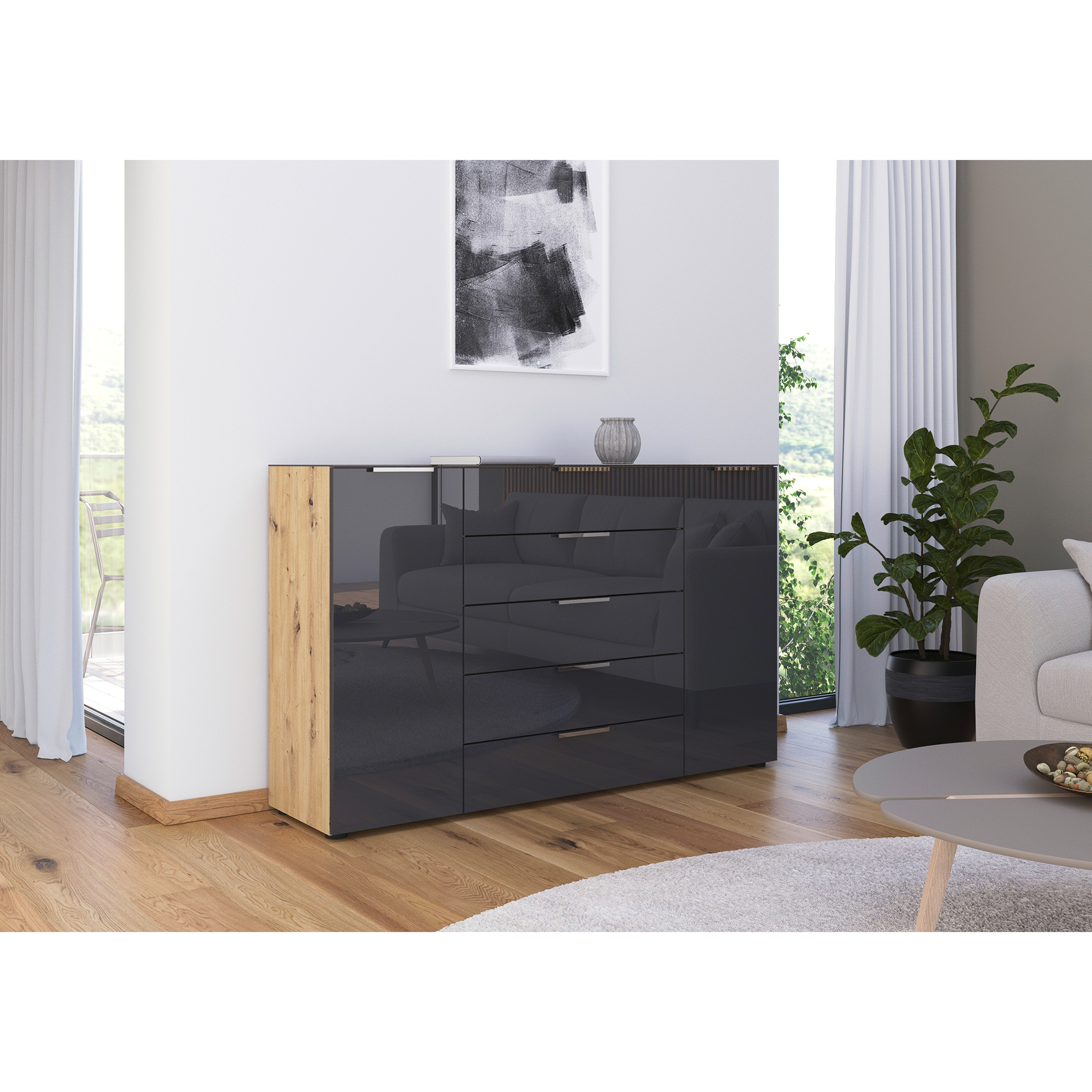 Kommode - Artisan Eiche - Basaltglas - Chromgriffe - 160 cm