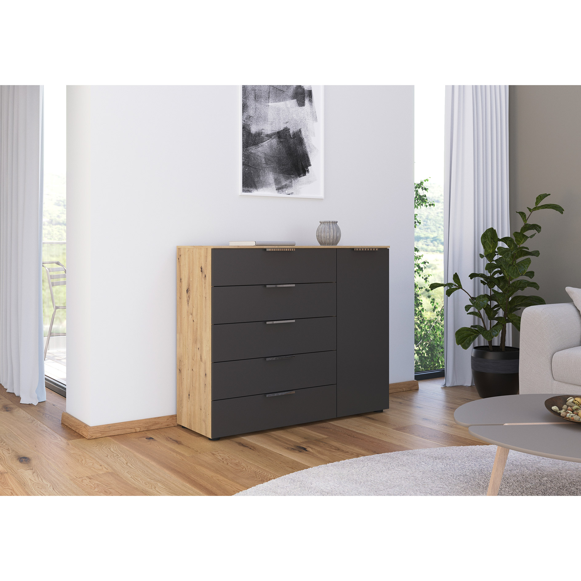 Kommode - Artisan Eiche - graphit - Chromgriffe - 120 cm