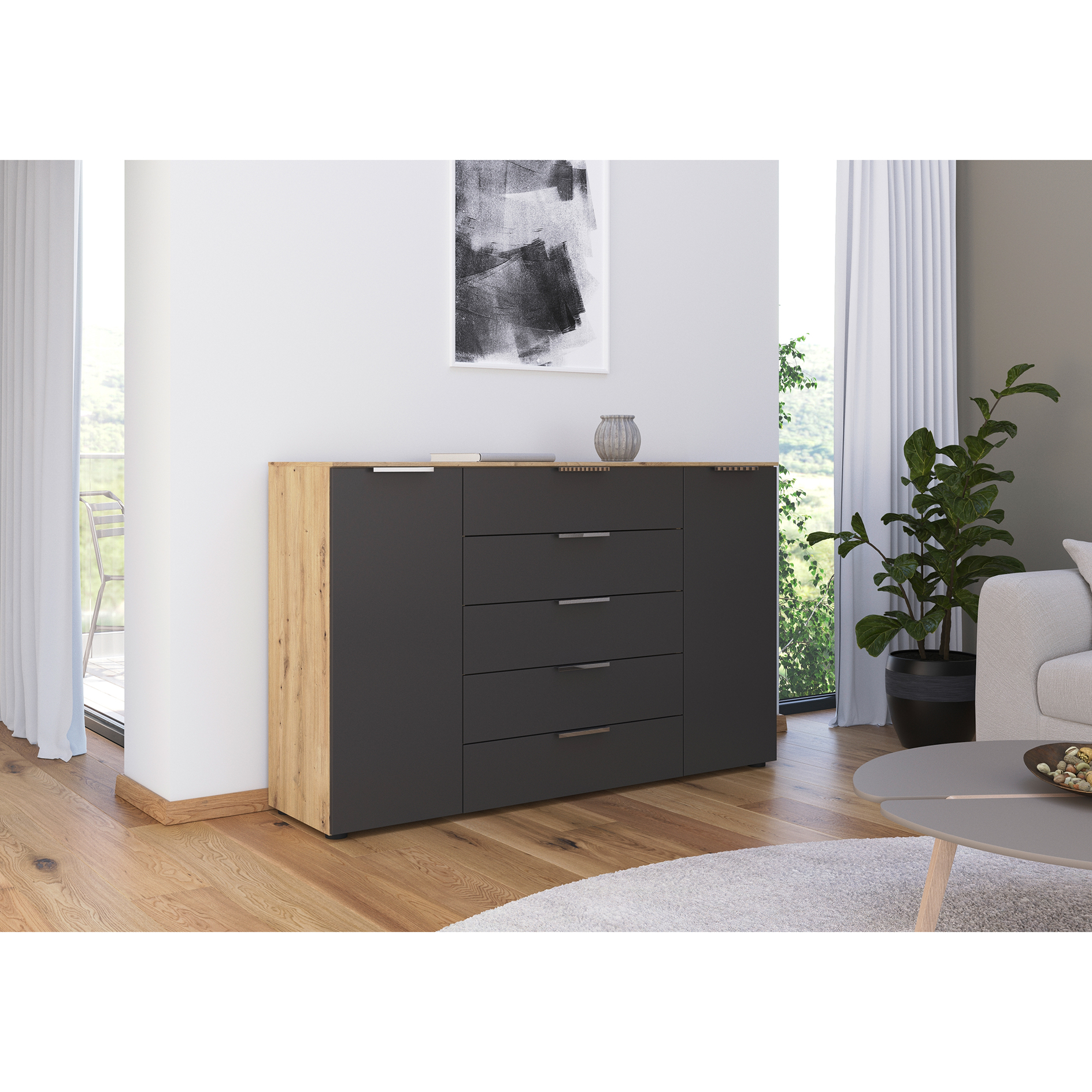 Kommode - Artisan Eiche - graphit - Chromgriffe - 160 cm