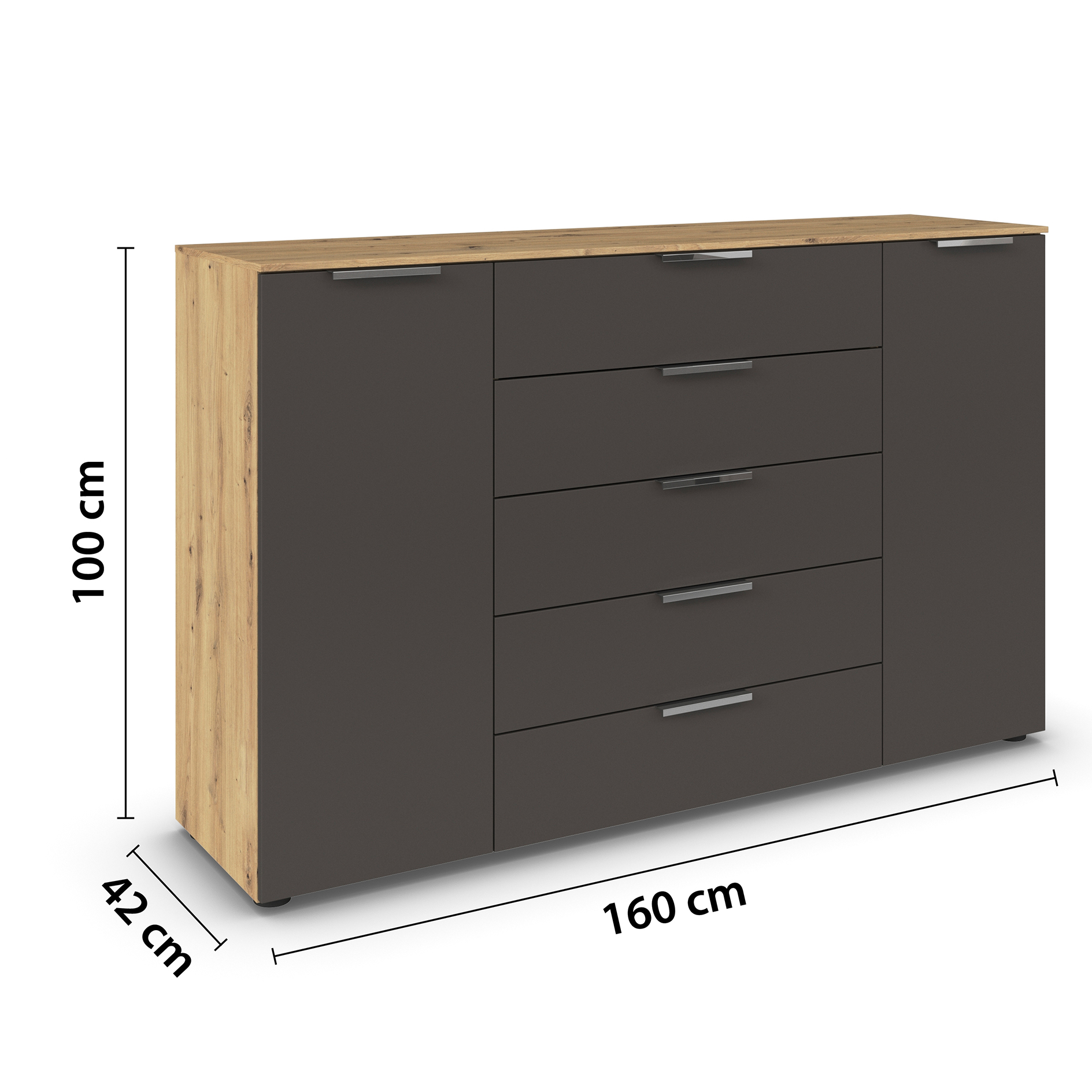 Kommode - Artisan Eiche - graphit - Chromgriffe - 160 cm