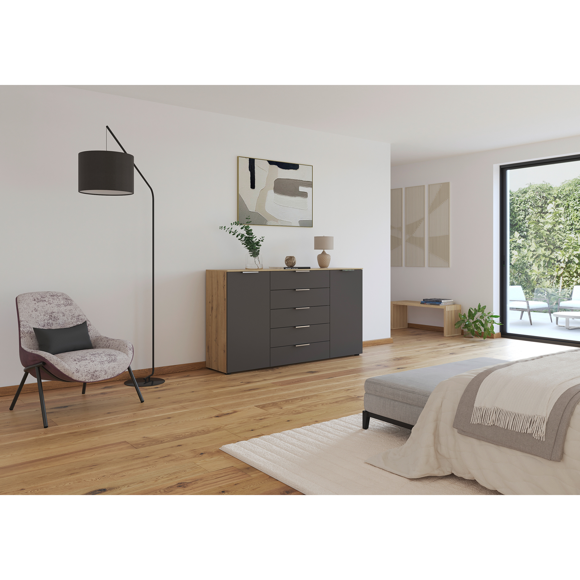 Kommode - Artisan Eiche - graphit - Chromgriffe - 180 cm