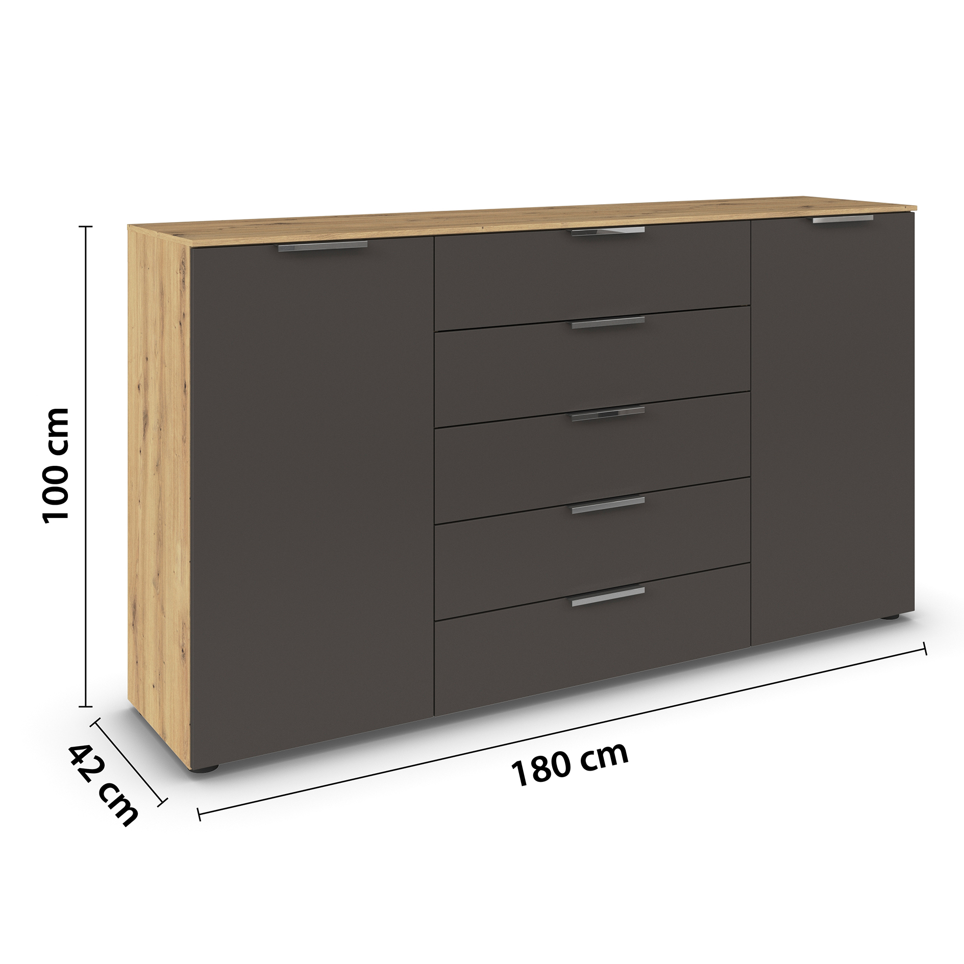 Kommode - Artisan Eiche - graphit - Chromgriffe - 180 cm