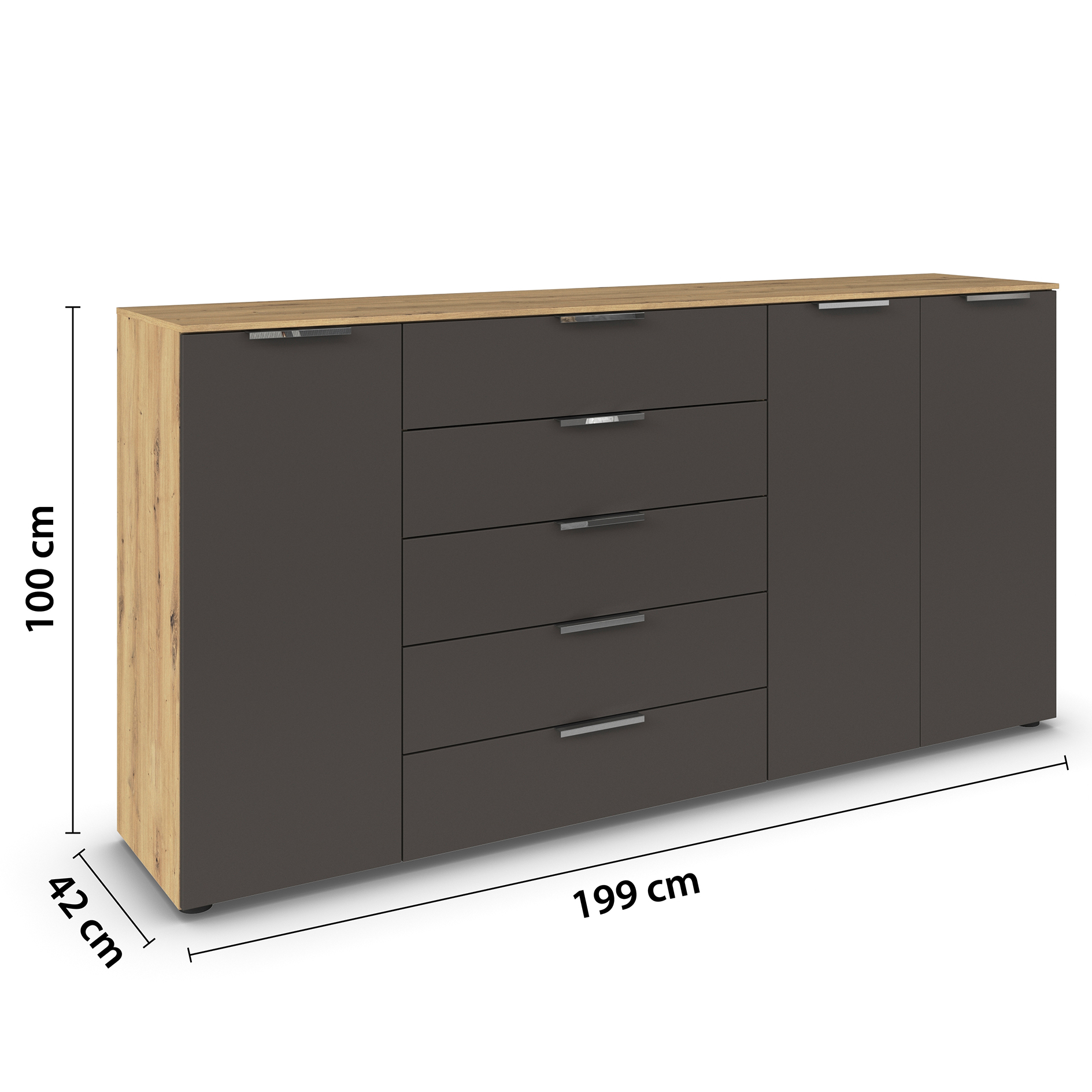Kommode - Artisan Eiche - graphit - Chromgriffe - 199 cm