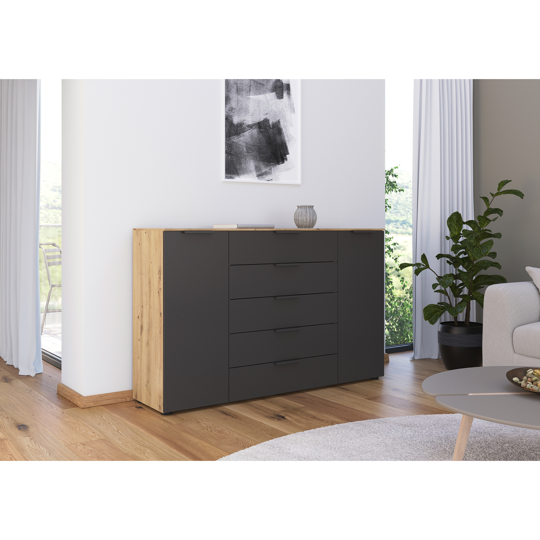 Kommode - Artisan Eiche - graphit - Graphitgriffe - 160 cm