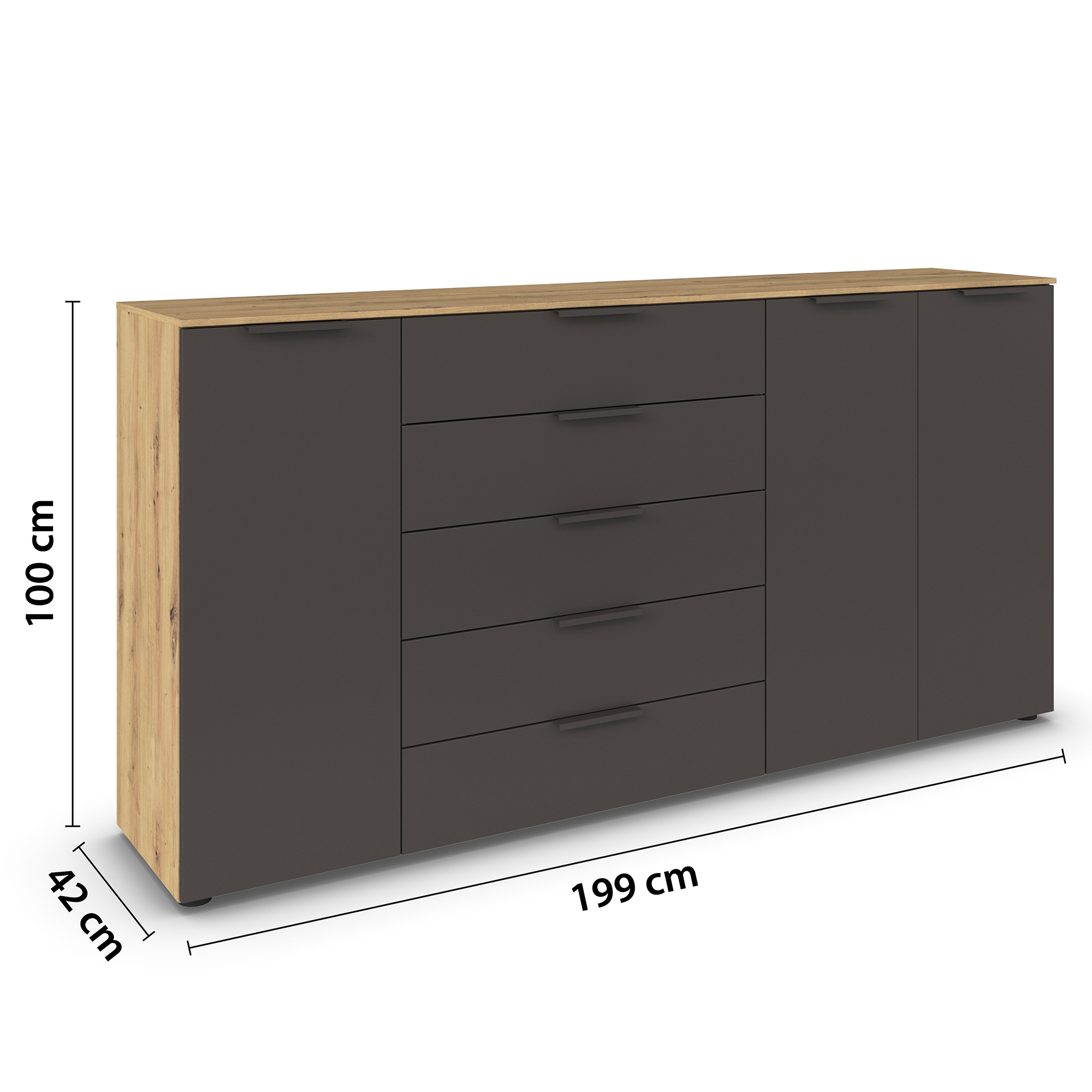 Kommode - Artisan Eiche - graphit - Graphitgriffe - 199 cm