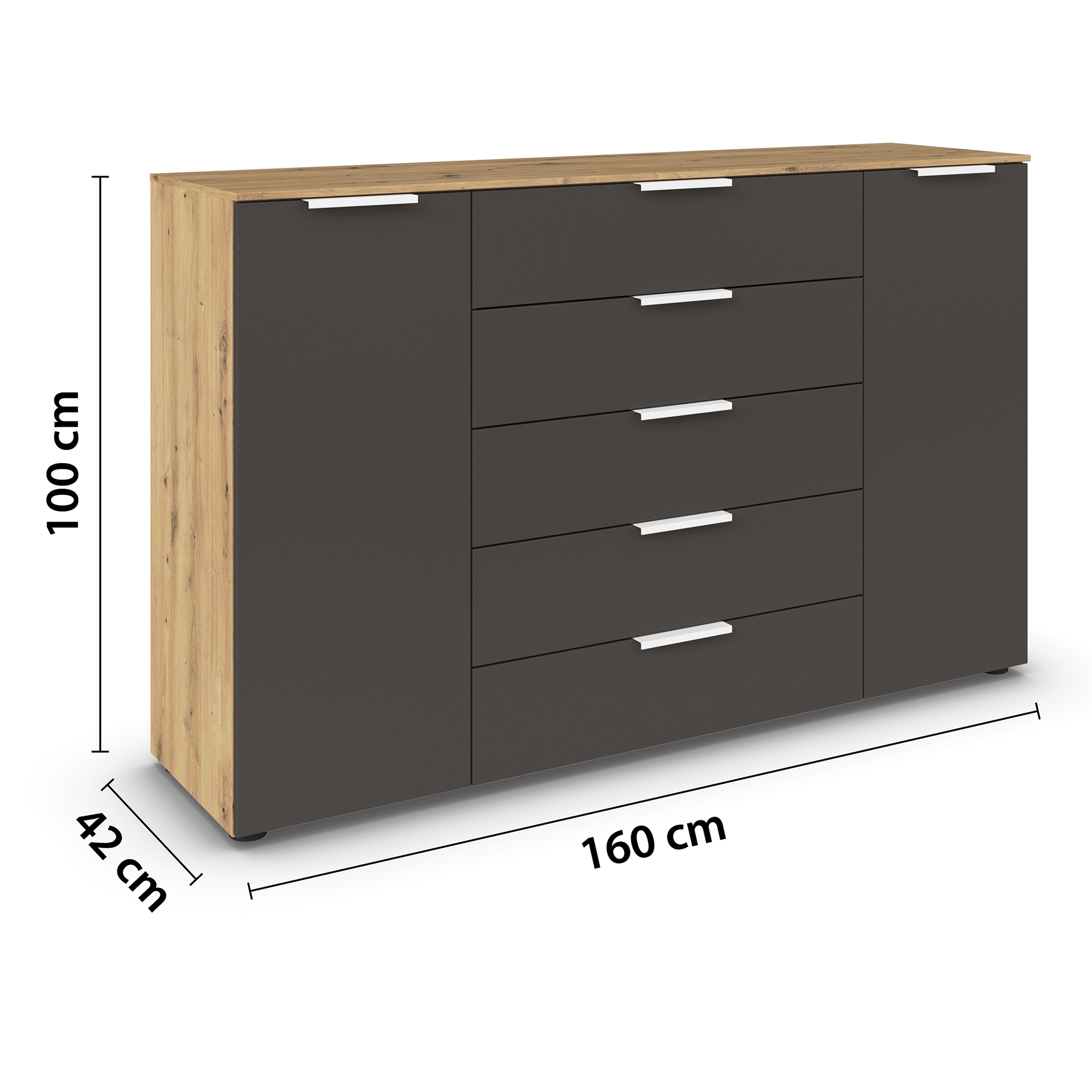 Kommode - Artisan Eiche - graphit - weiße Griffe - 160 cm