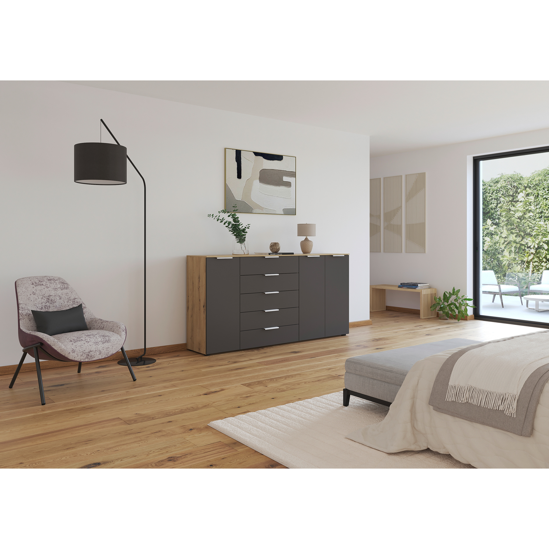 Kommode - Artisan Eiche - graphit - weiße Griffe - 199 cm