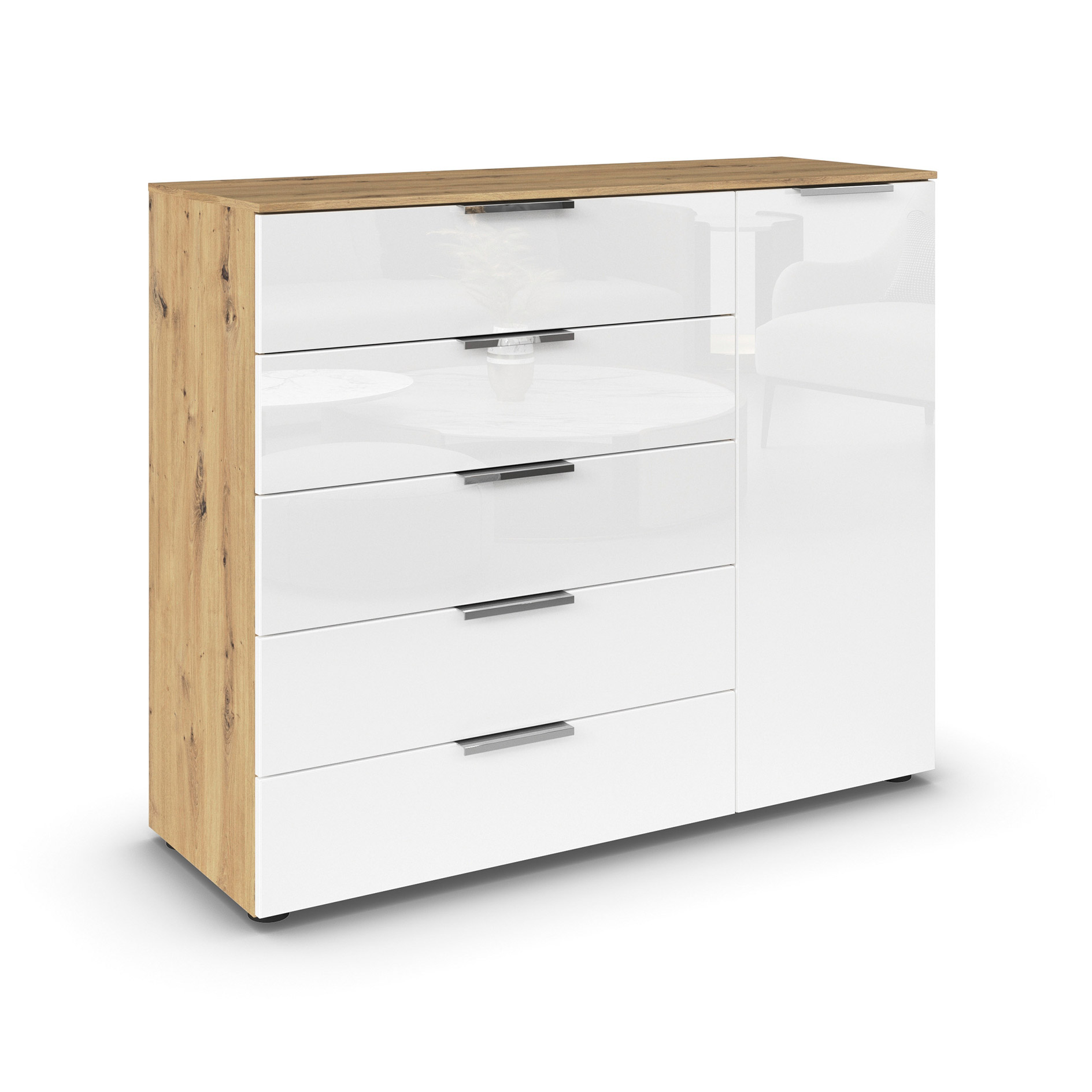 Kommode - Artisan Eiche - Kristallweißglas - Chromgriffe - 120 cm
