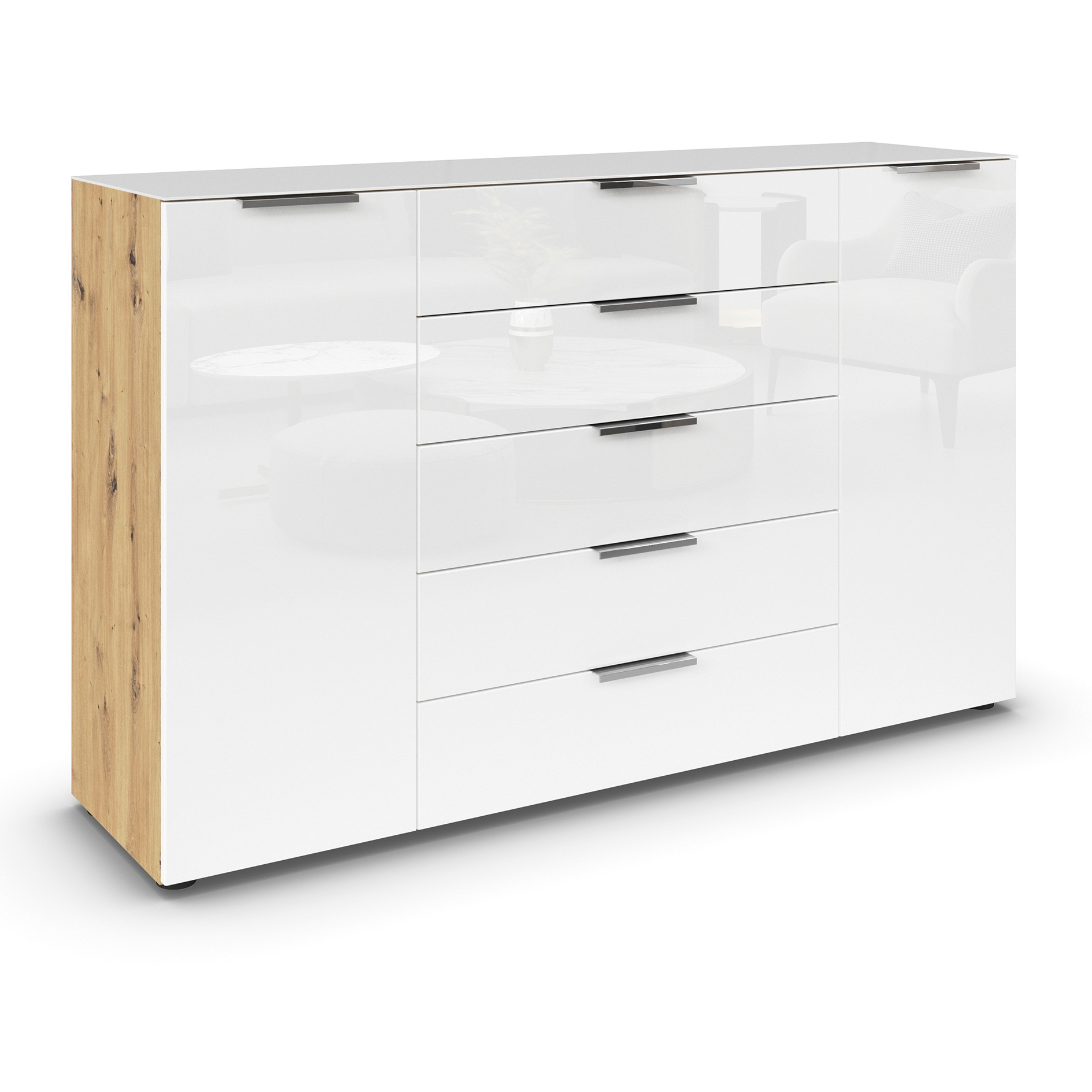 Kommode - Artisan Eiche - Kristallweißglas - Chromgriffe - 160 cm
