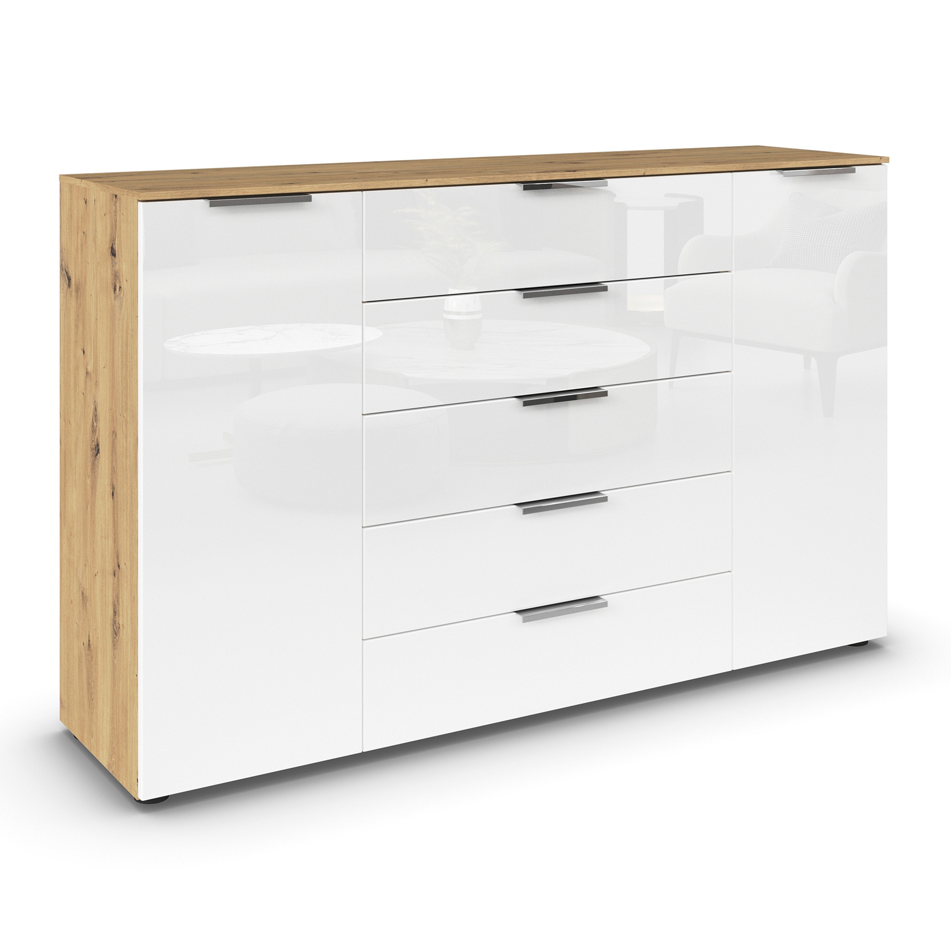 Kommode - Artisan Eiche - Kristallweißglas - Chromgriffe - 160 cm