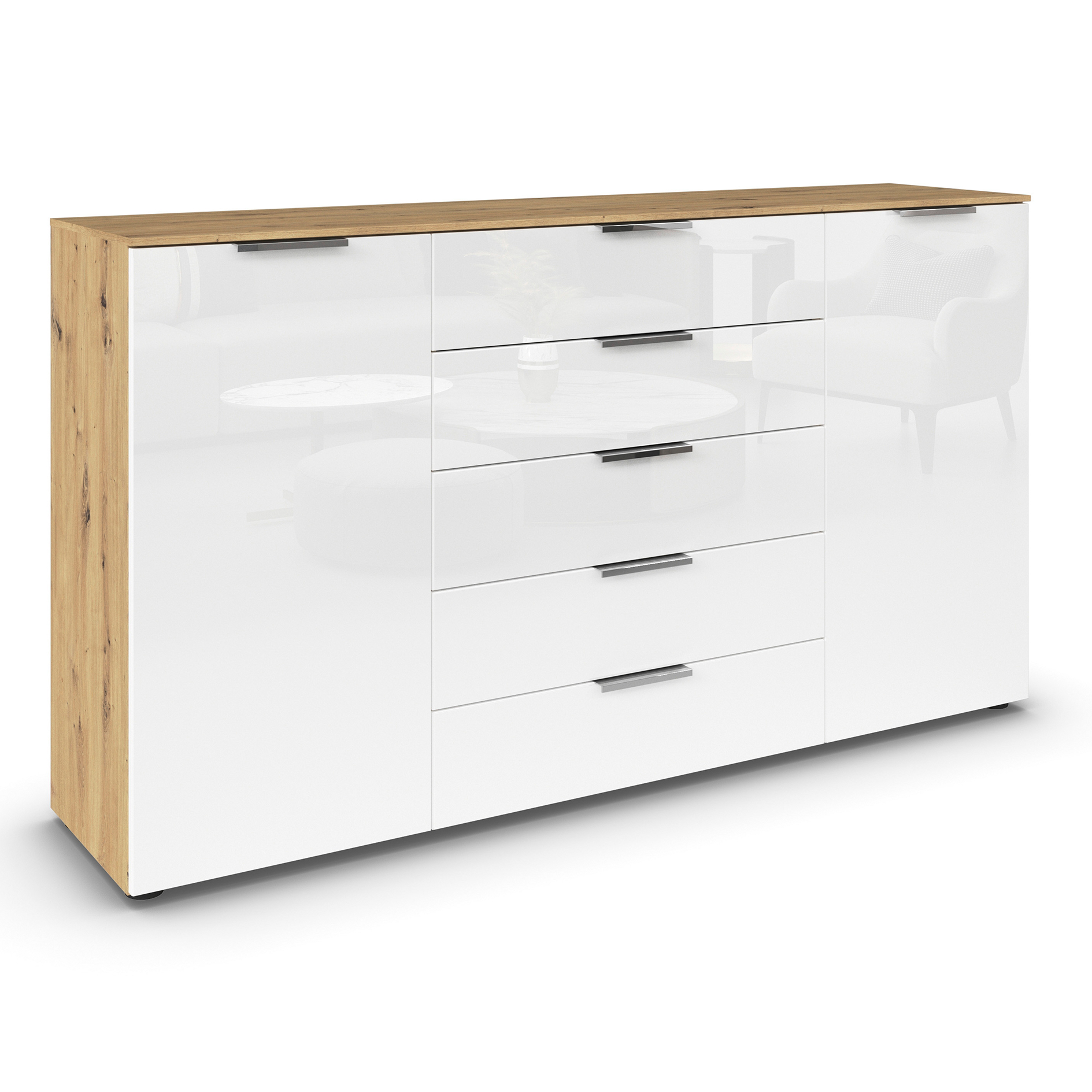 Kommode - Artisan Eiche - Kristallweißglas - Chromgriffe - 180 cm