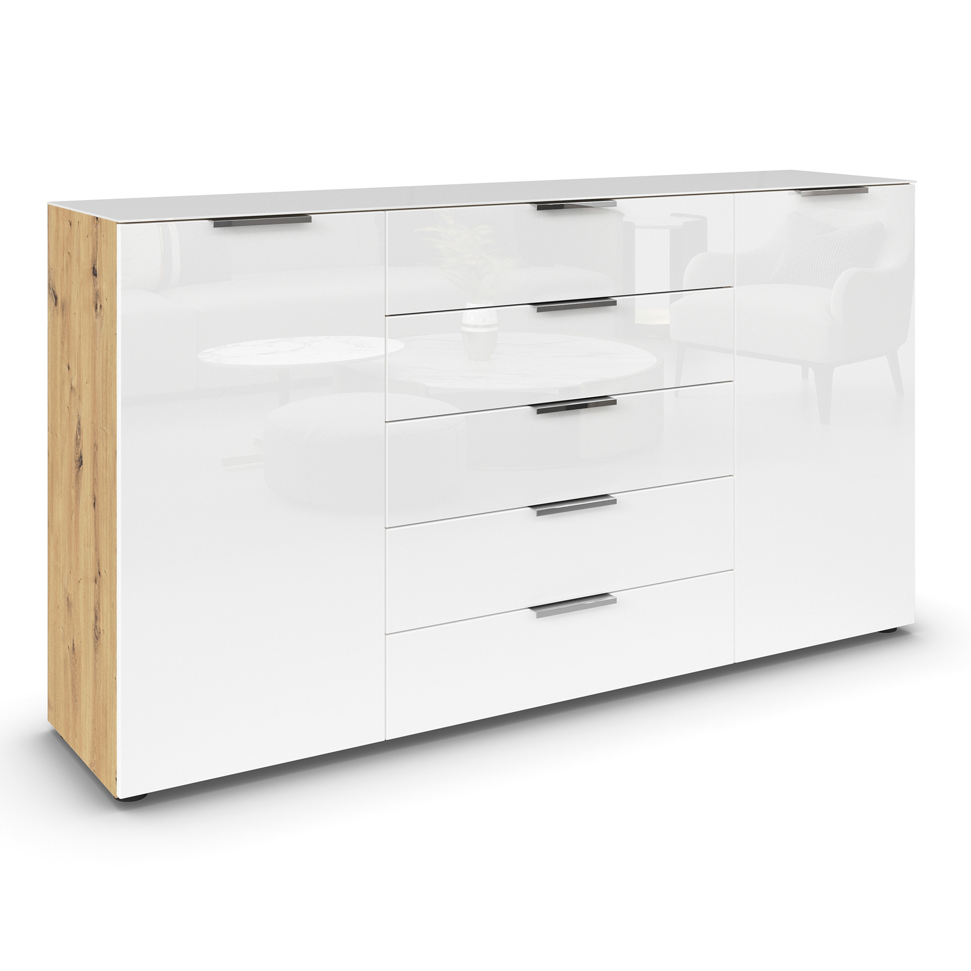 Kommode - Artisan Eiche - Kristallweißglas - Chromgriffe - 180 cm
