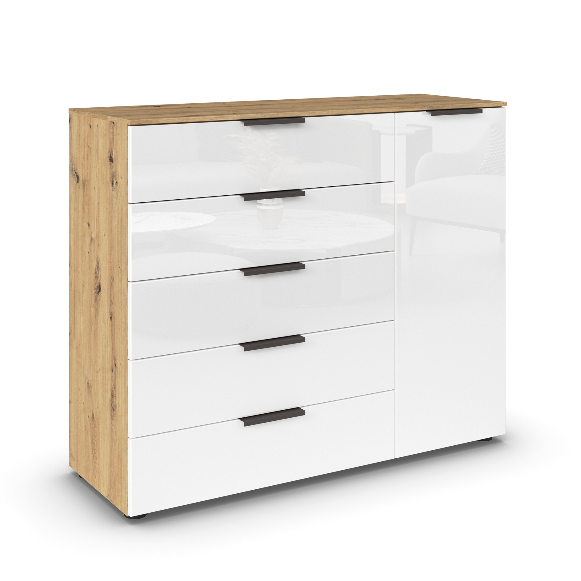 Kommode - Artisan Eiche - Kristallweißglas - Graphitgriffe - 120 cm