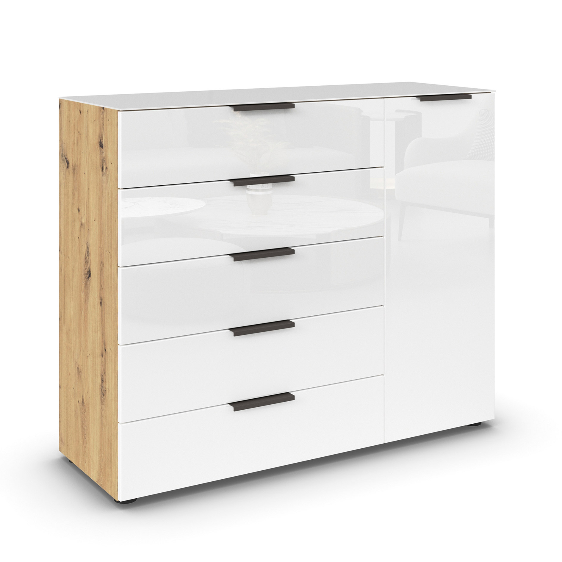 Kommode - Artisan Eiche - Kristallweißglas - Graphitgriffe - 120 cm