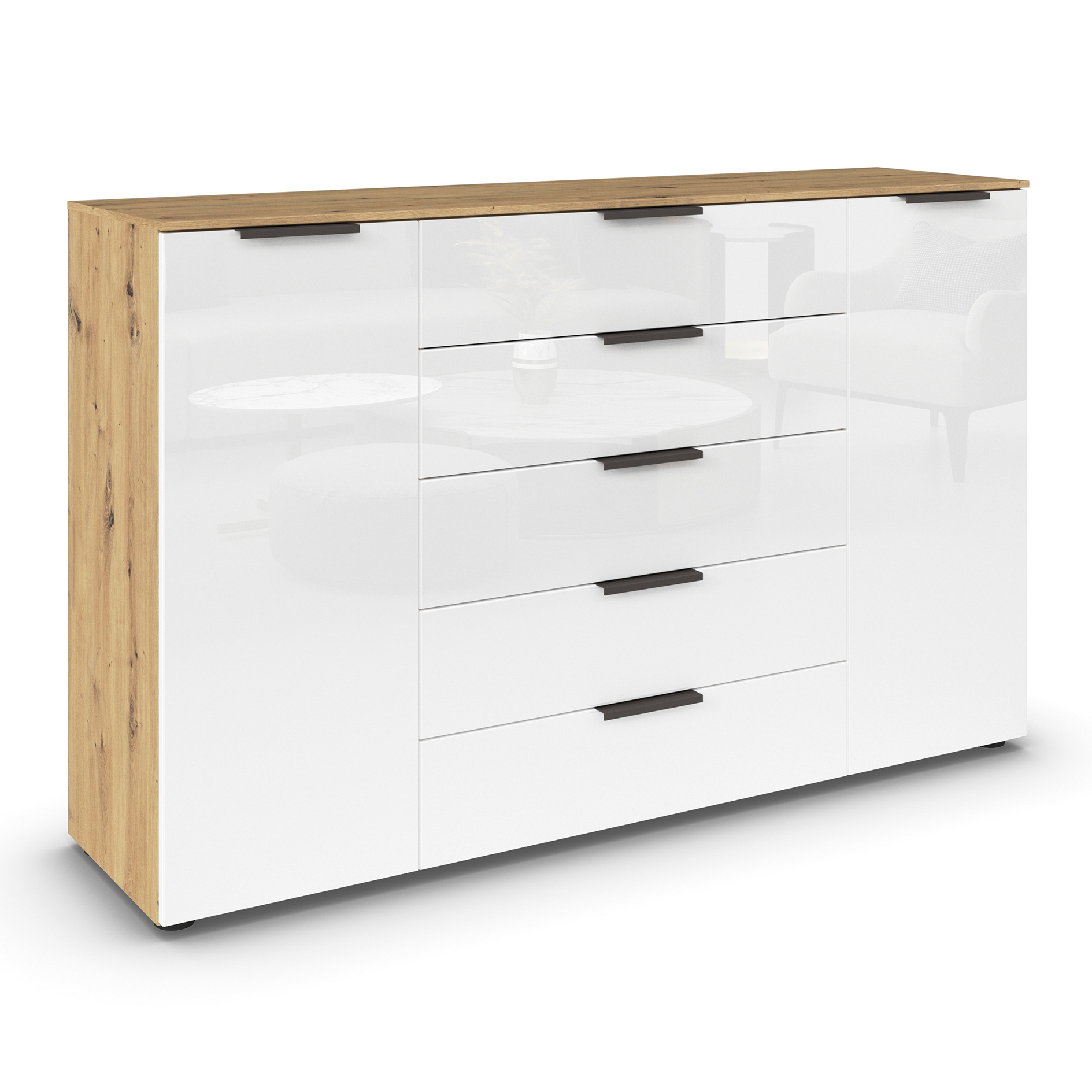 Kommode - Artisan Eiche - Kristallweißglas - Graphitgriffe - 160 cm