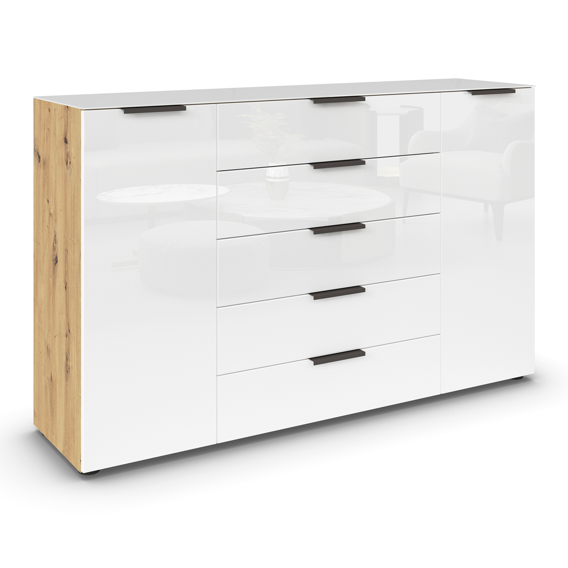 Kommode - Artisan Eiche - Kristallweißglas - Graphitgriffe - 160 cm