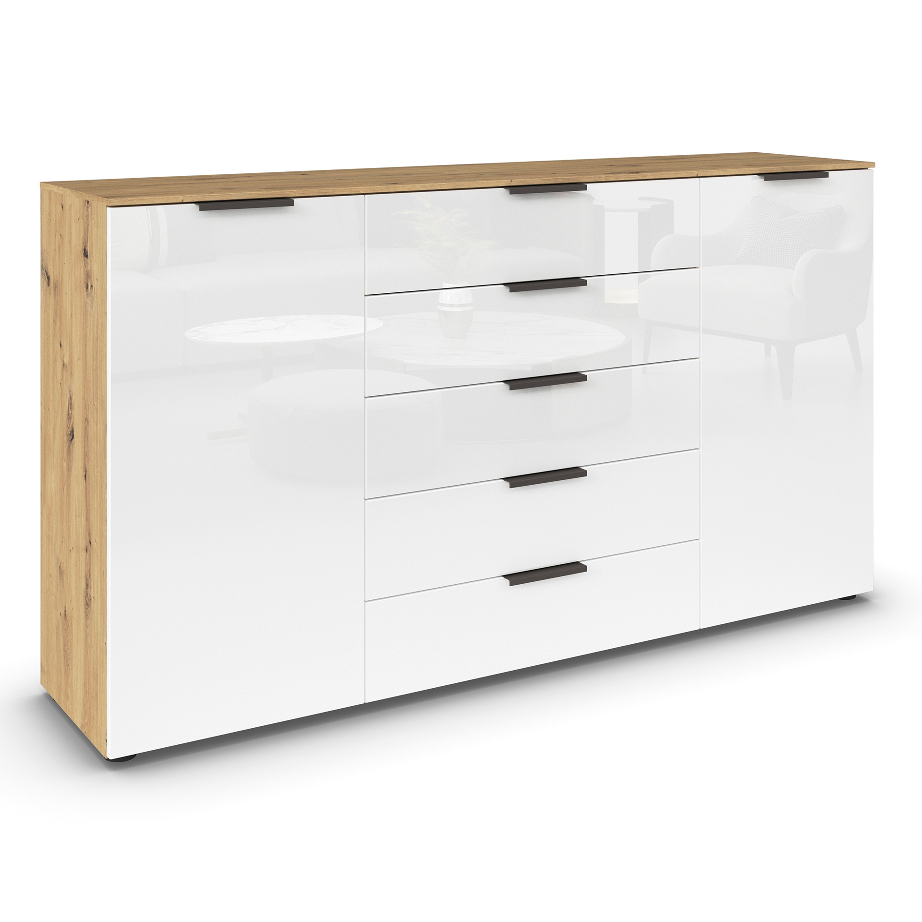 Kommode - Artisan Eiche - Kristallweißglas - Graphitgriffe - 180 cm