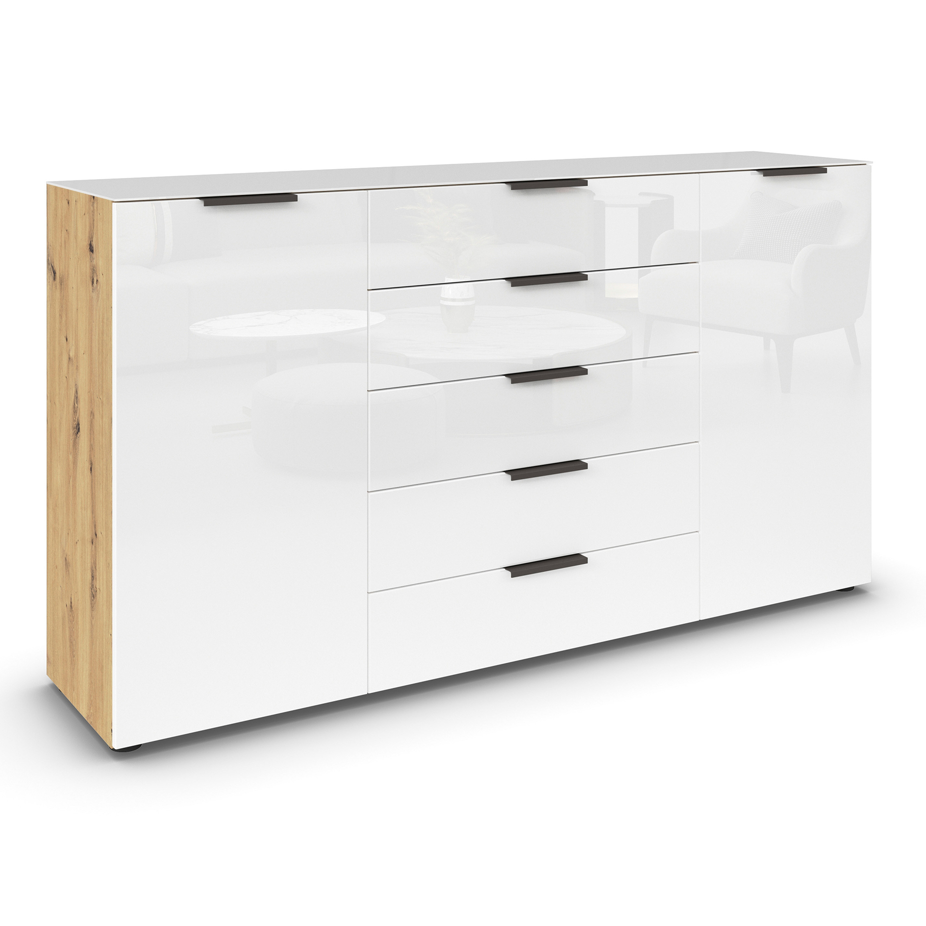 Kommode - Artisan Eiche - Kristallweißglas - Graphitgriffe - 180 cm