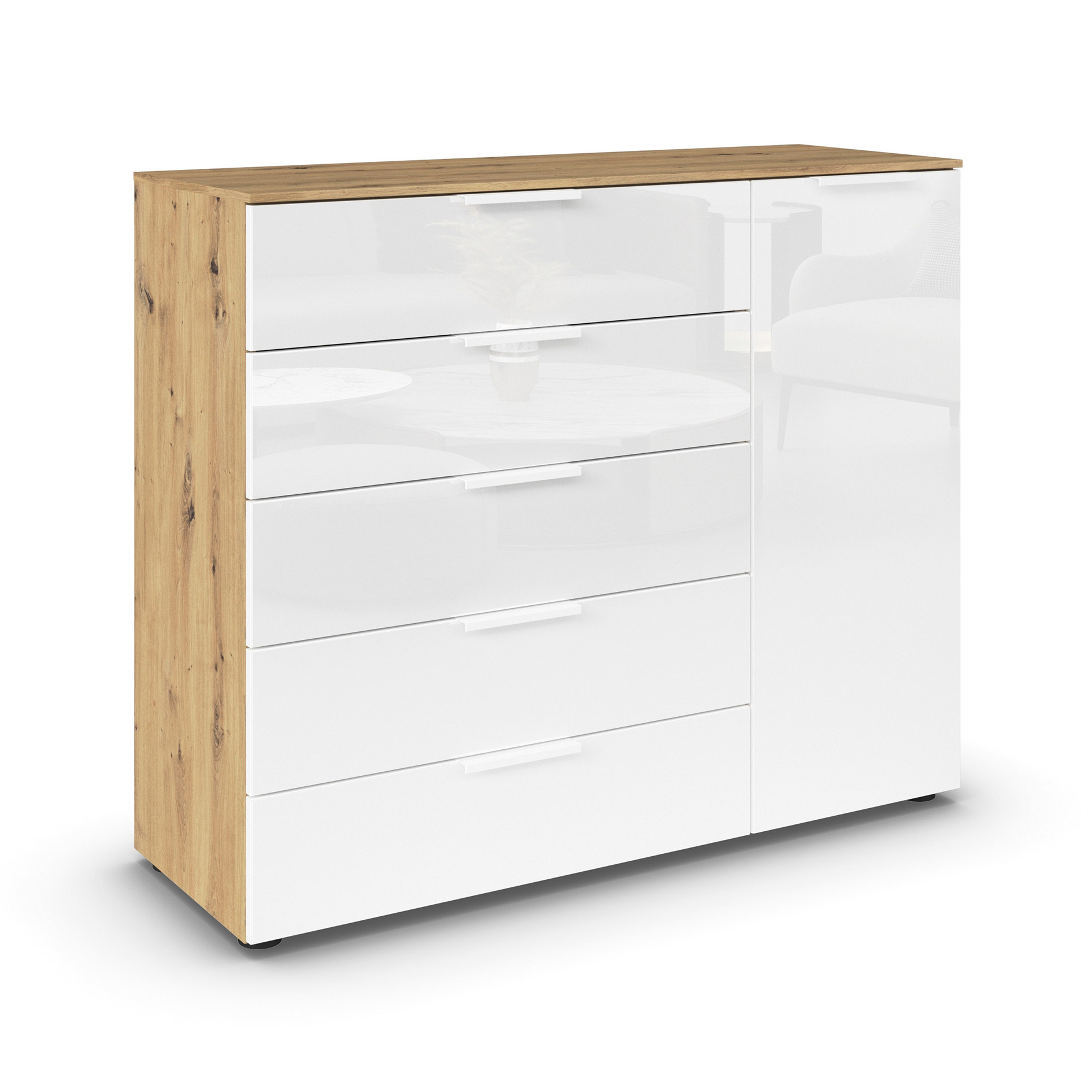 Kommode - Artisan Eiche - Kristallweißglas - weiße Griffe - 120 cm