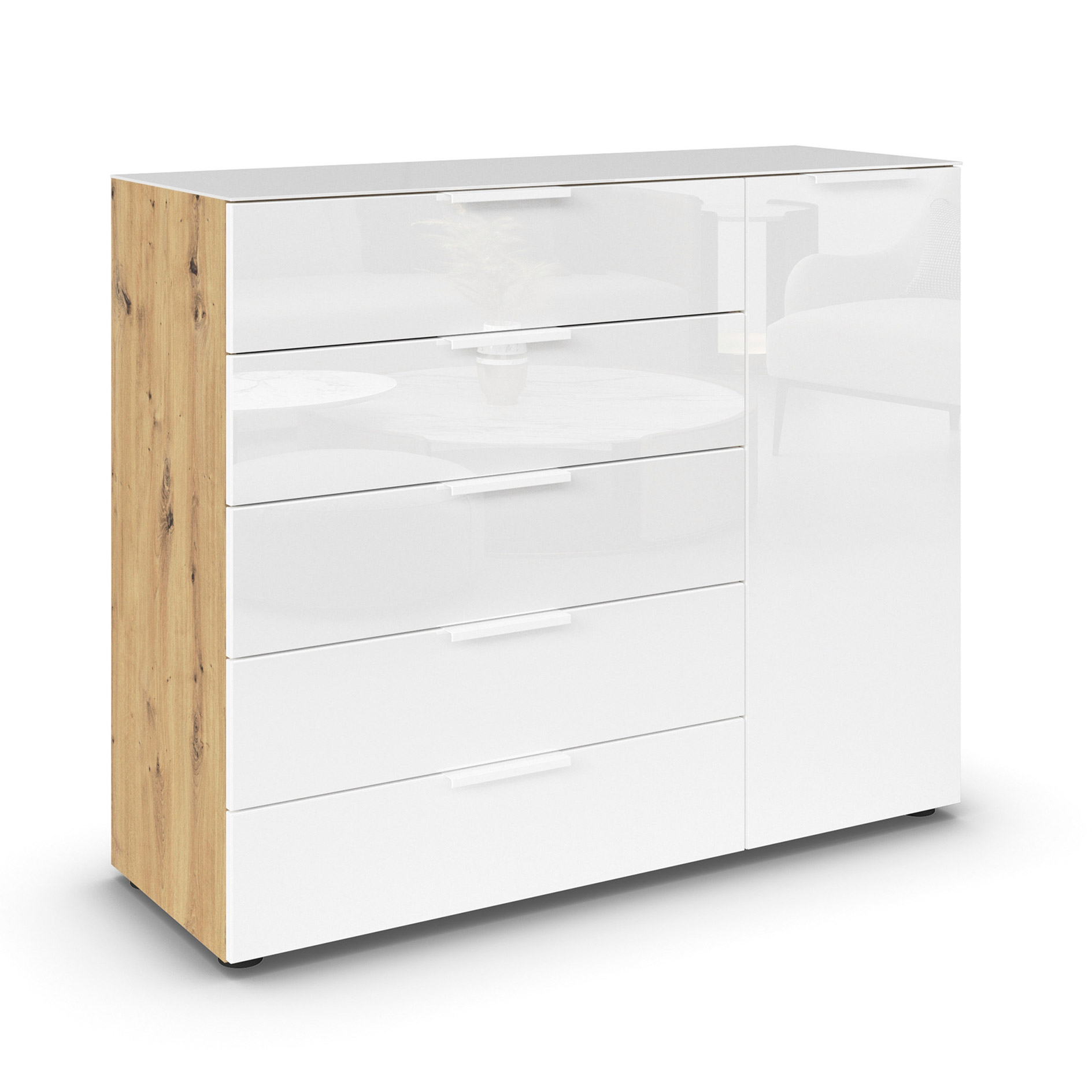 Kommode - Artisan Eiche - Kristallweißglas - weiße Griffe - 120 cm