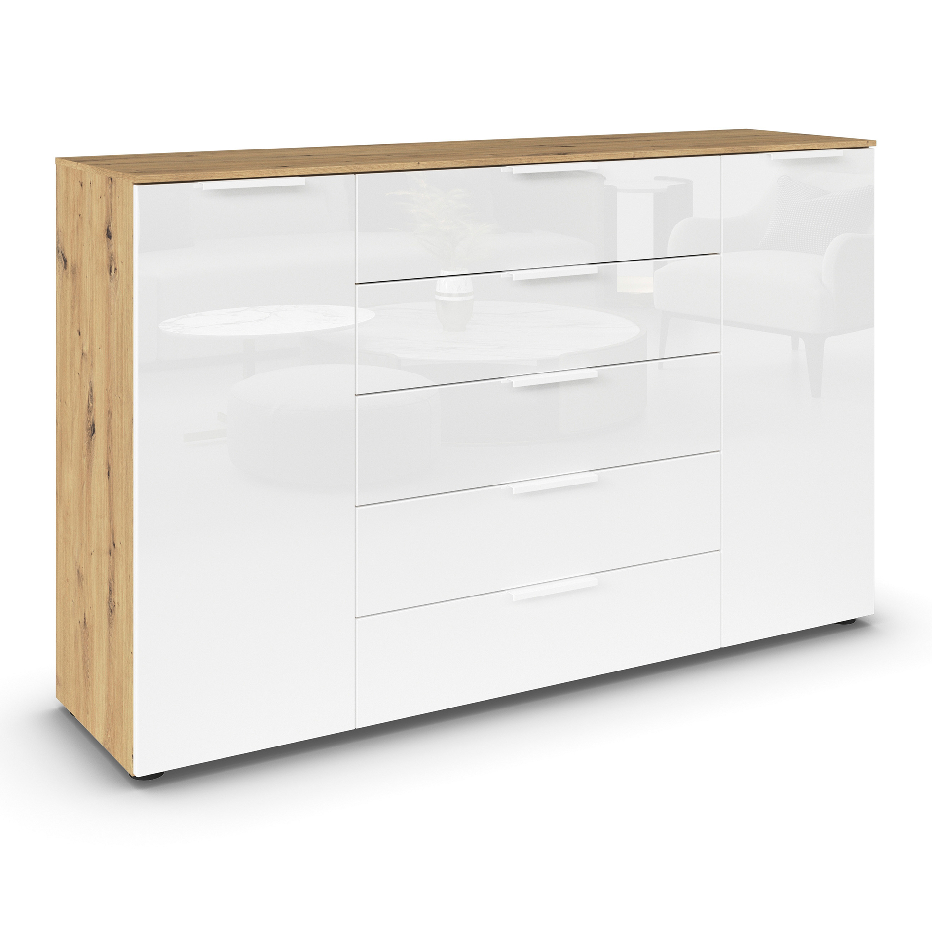 Kommode - Artisan Eiche - Kristallweißglas - weiße Griffe - 160 cm