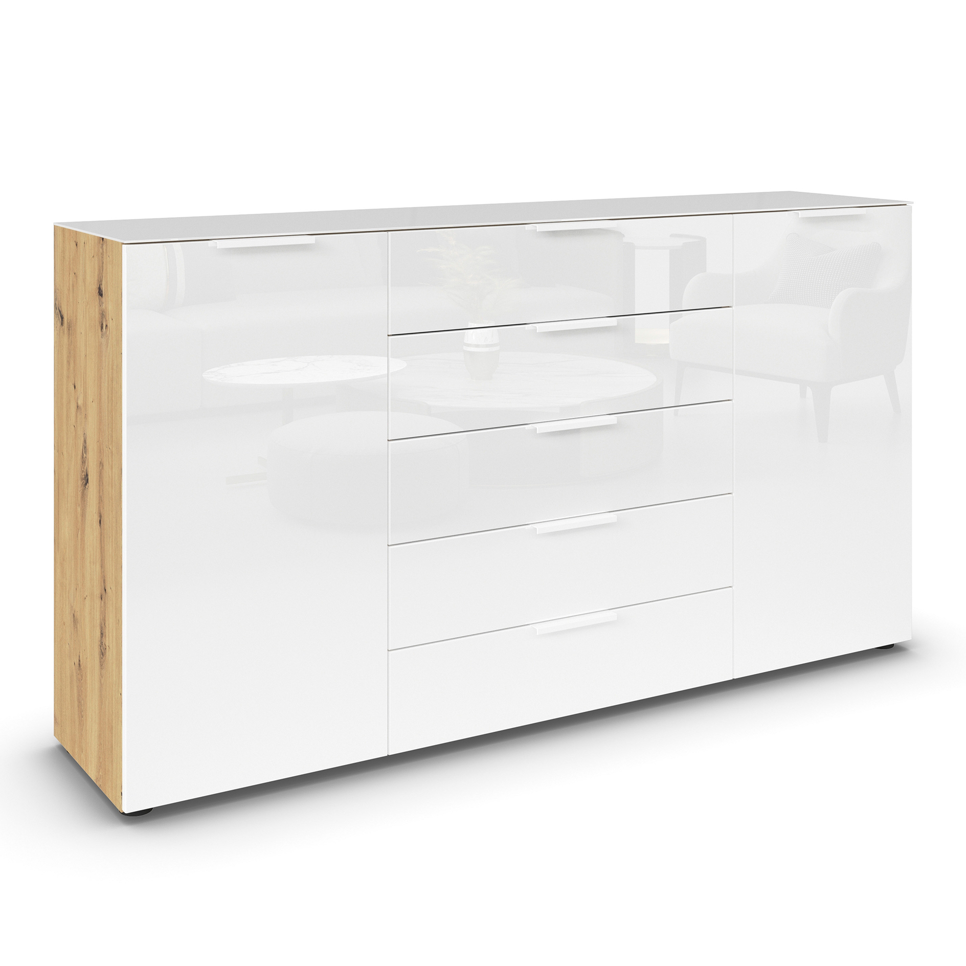 Kommode - Artisan Eiche - Kristallweißglas - weiße Griffe - 180 cm