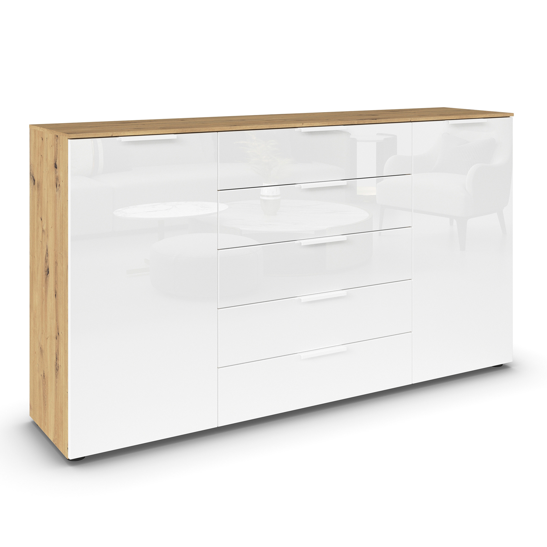 Kommode - Artisan Eiche - Kristallweißglas - weiße Griffe - 180 cm