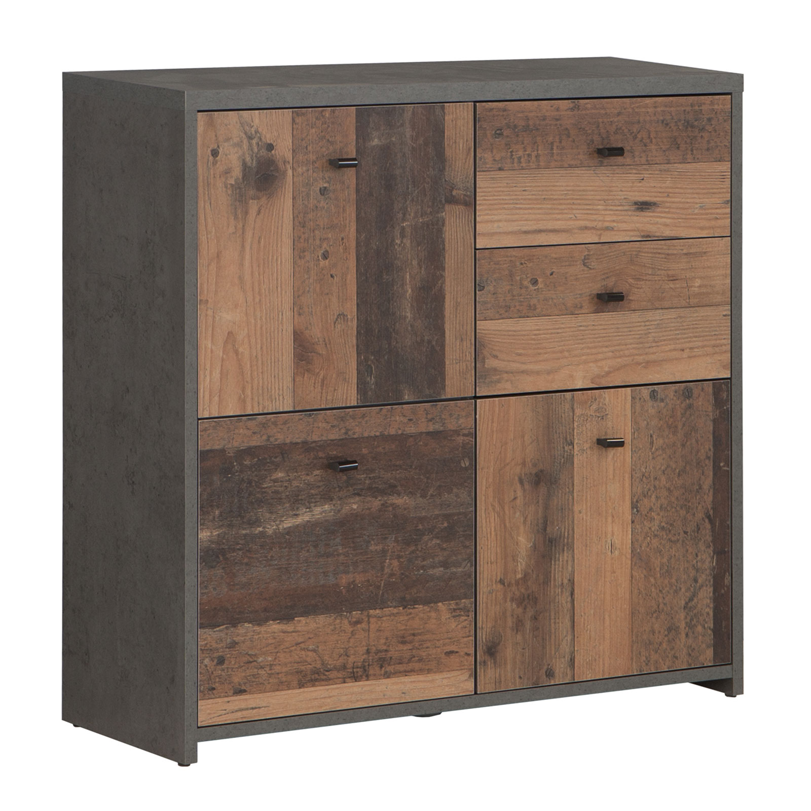 Kommode - Betonoptik - Old Wood Vintage - 77 cm breit - 3 Türen - 2 Schubkästen