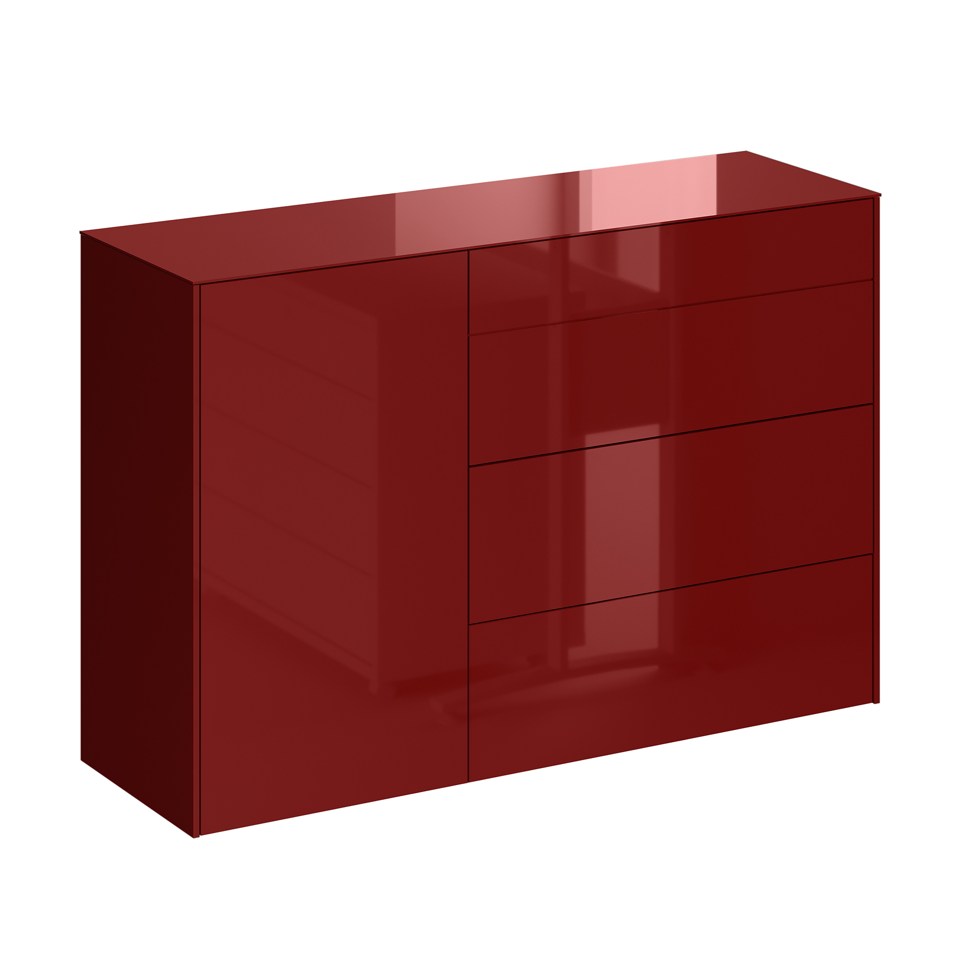 Kommode - bordeauxrot glänzend - bordeauxrot matt - mit Glas - 3 Schubkästen - eine Tür