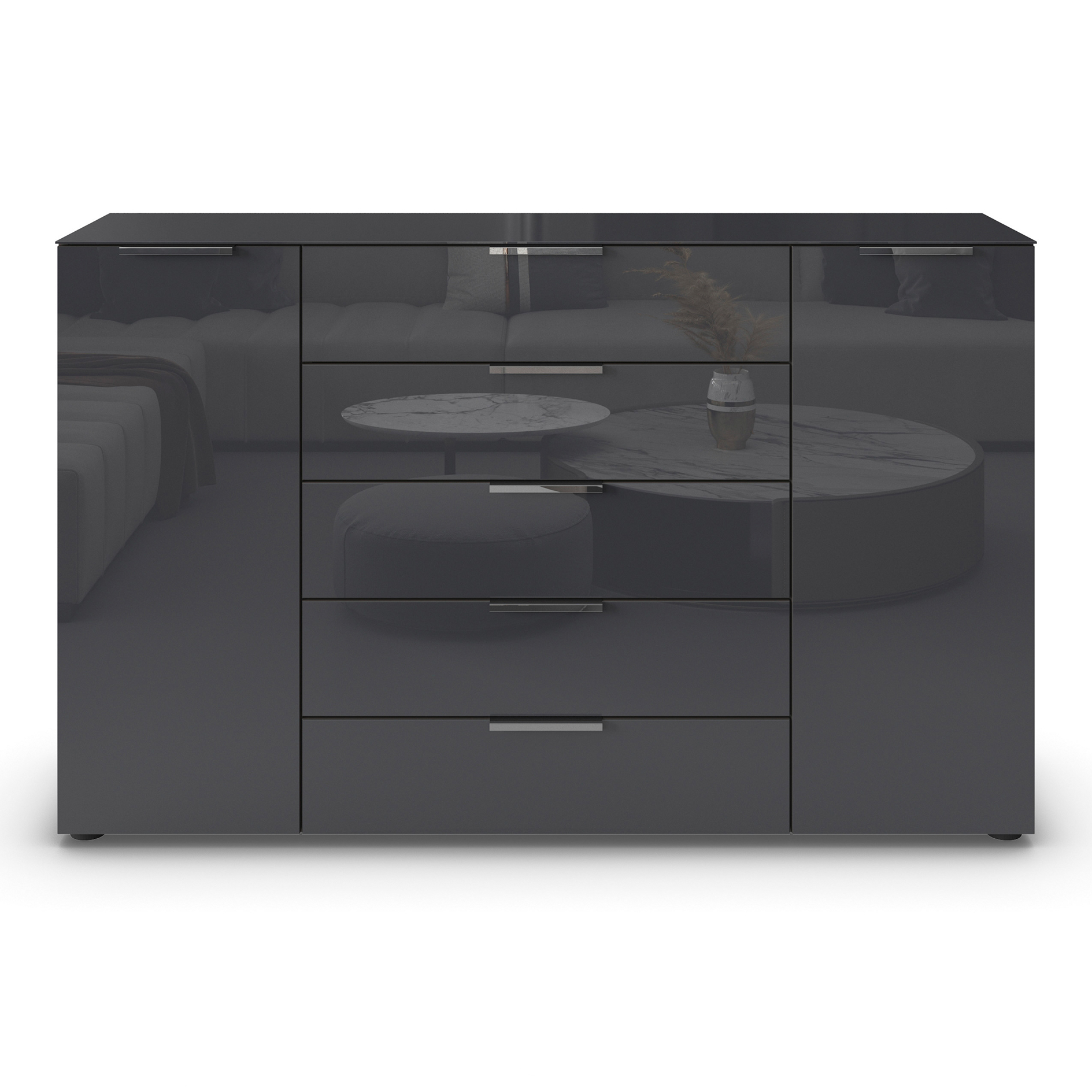 Kommode - graphit-Basaltglas - Chromgriffe - 160 cm