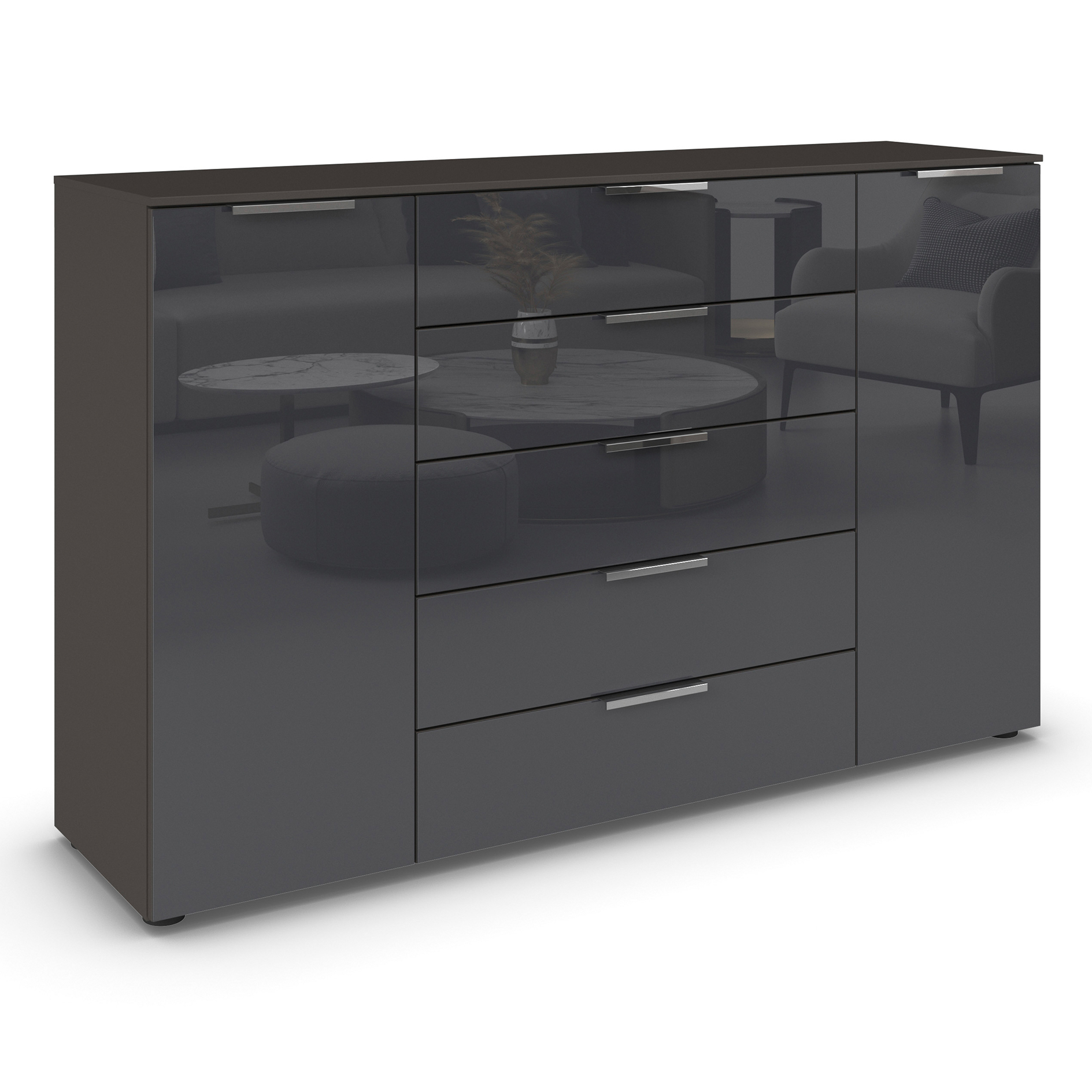 Kommode - graphit-Basaltglas - Chromgriffe - 160 cm