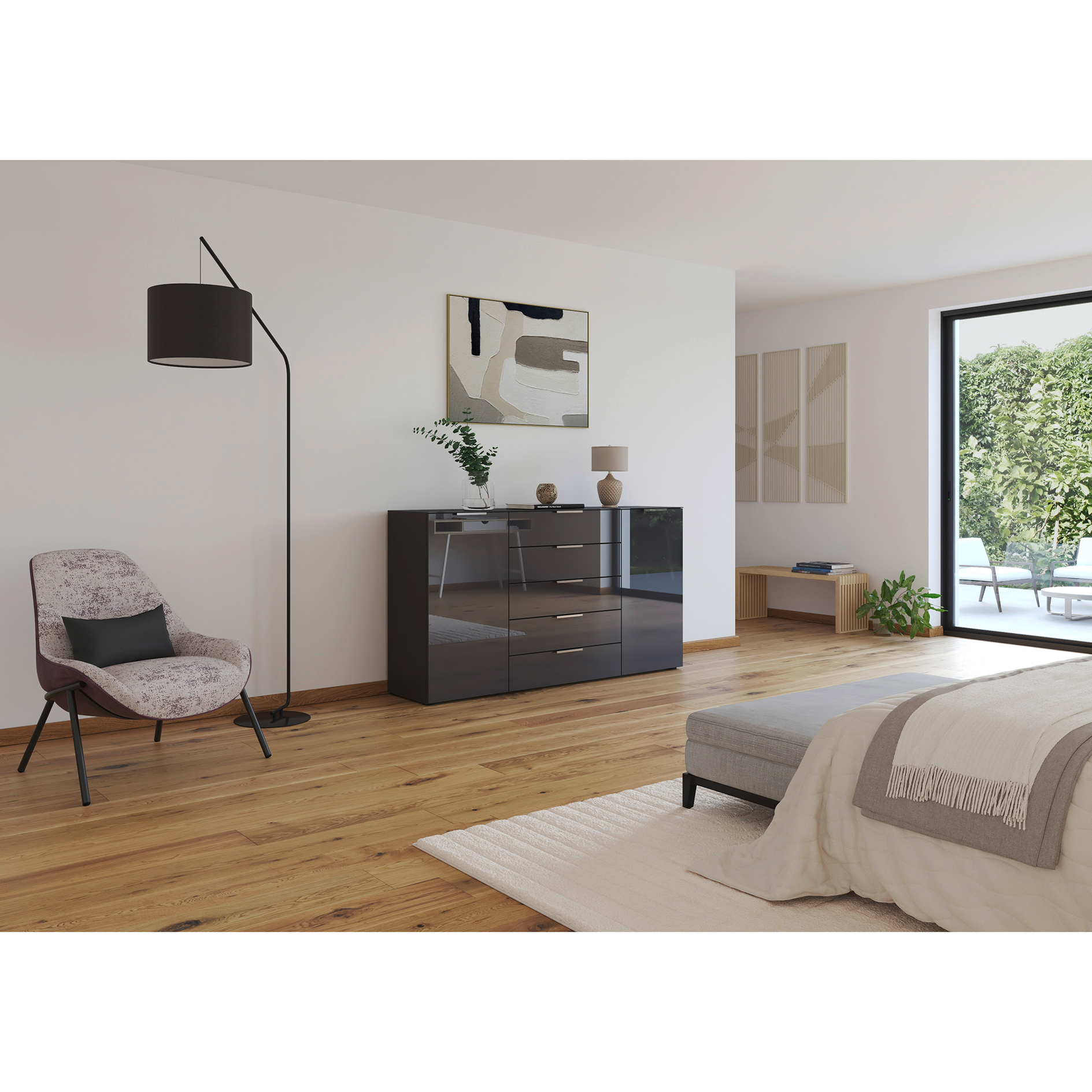 Kommode - graphit-Basaltglas - Chromgriffe - 180 cm