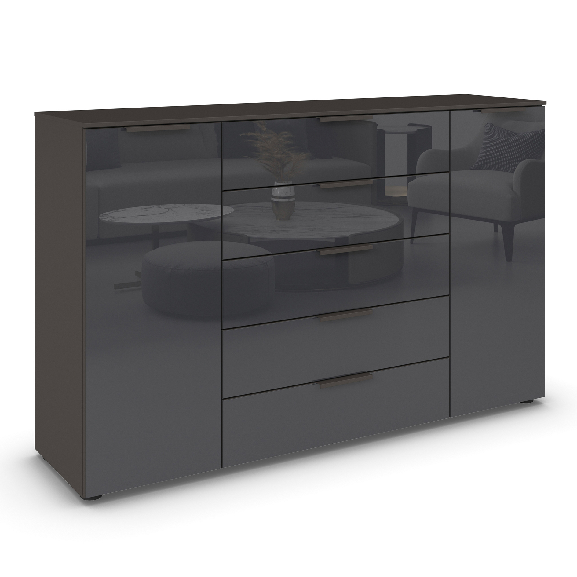 Kommode - graphit-Basaltglas - Graphitgriffe - 160 cm