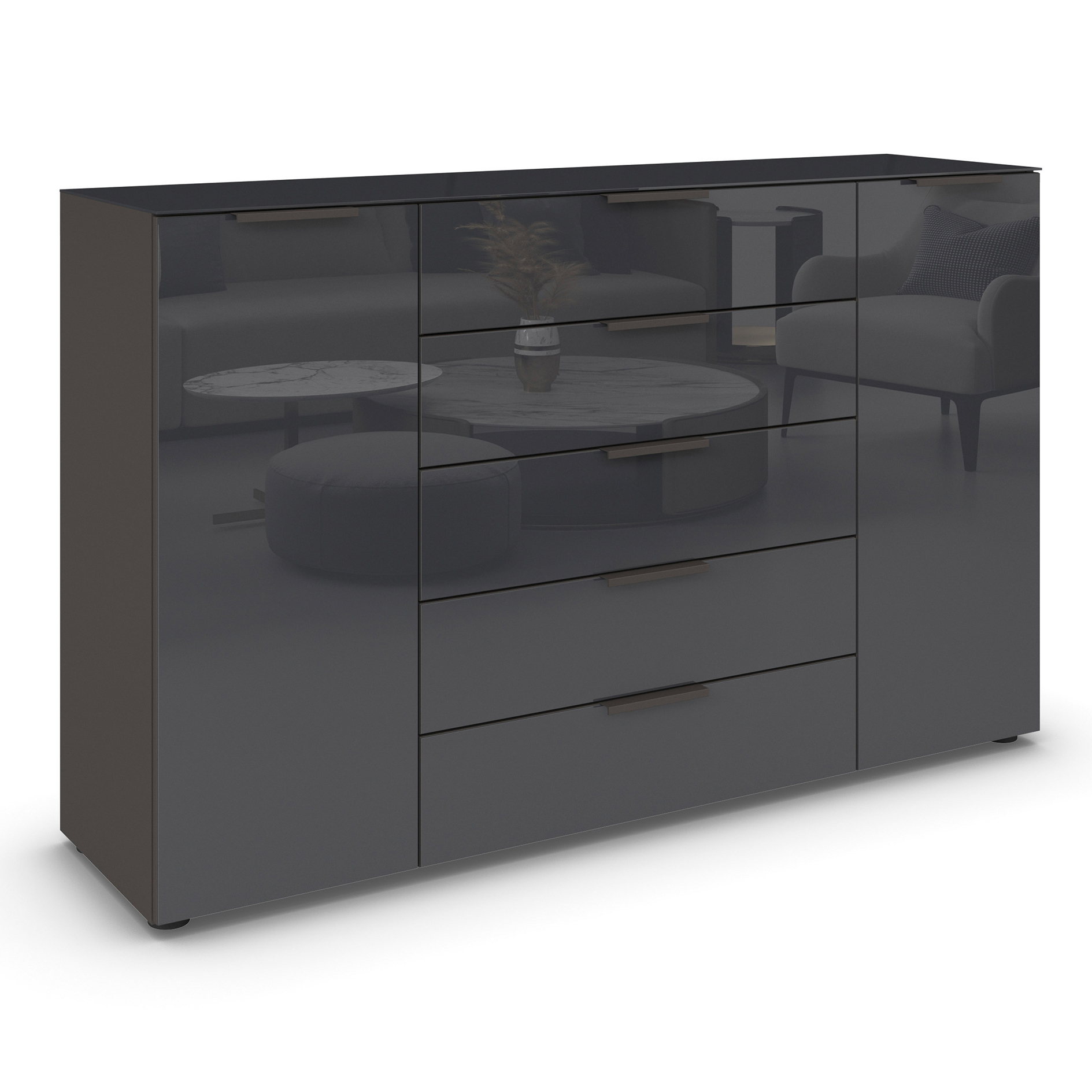 Kommode - graphit-Basaltglas - Graphitgriffe - 160 cm