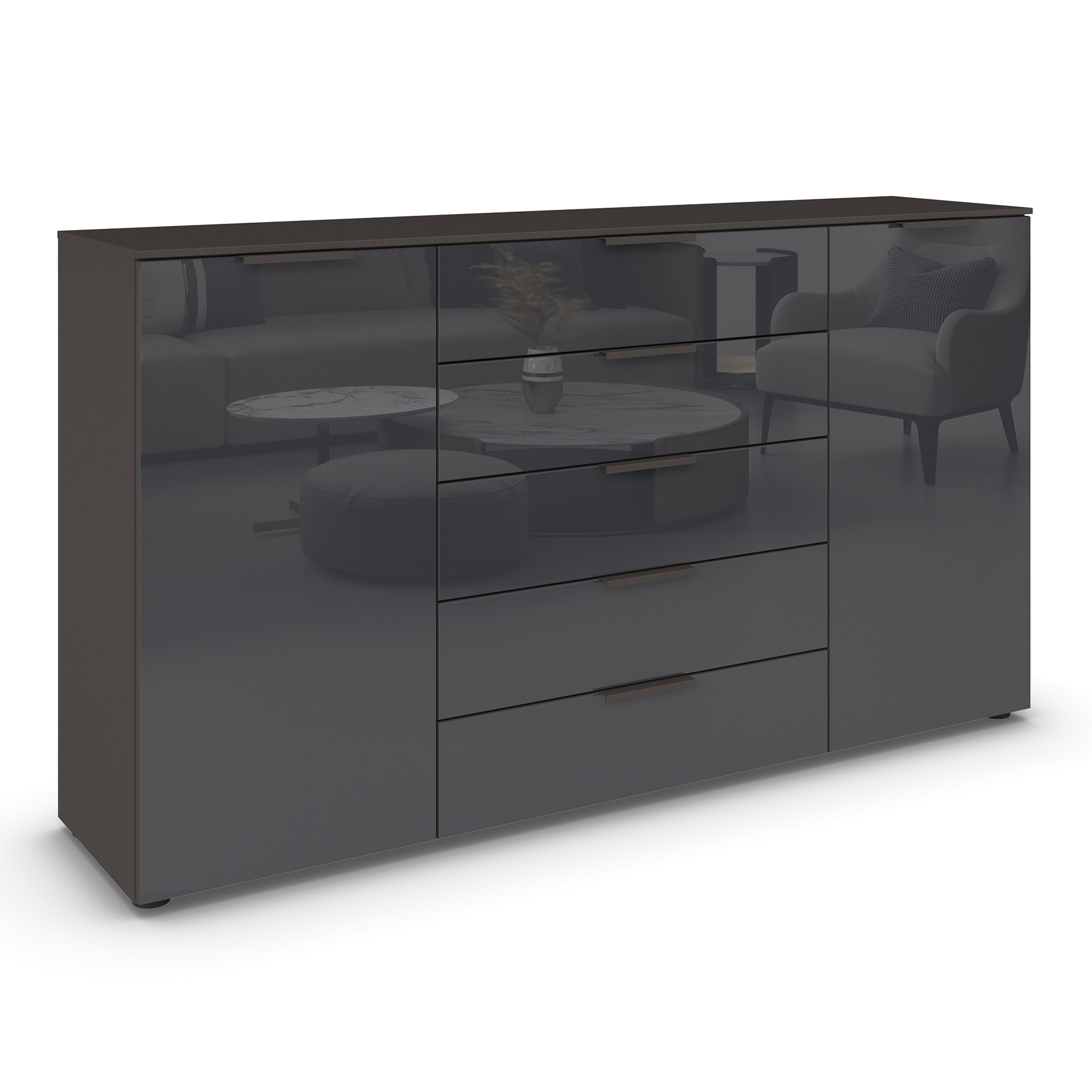 Kommode - graphit-Basaltglas - Graphitgriffe - 180 cm