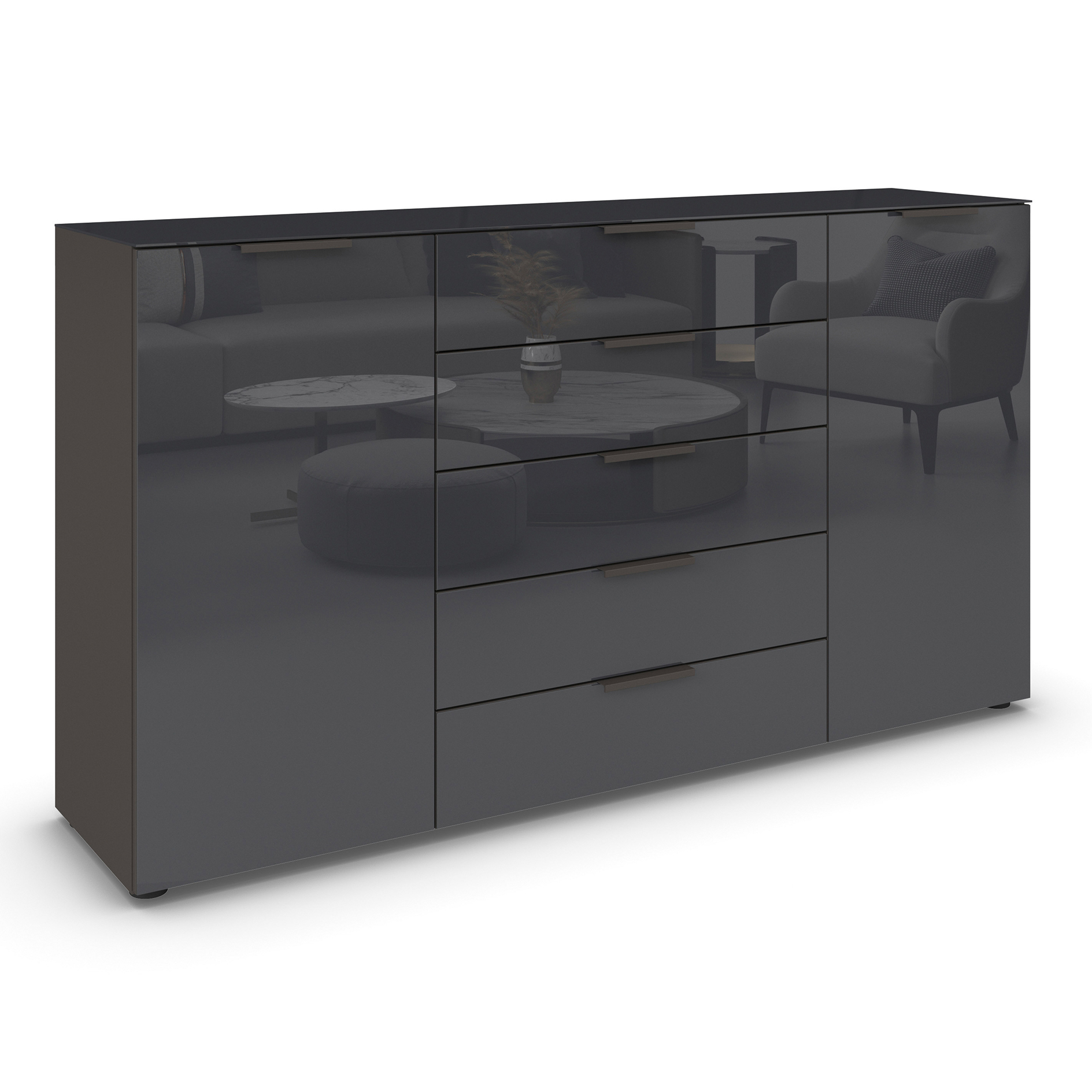 Kommode - graphit-Basaltglas - Graphitgriffe - 180 cm