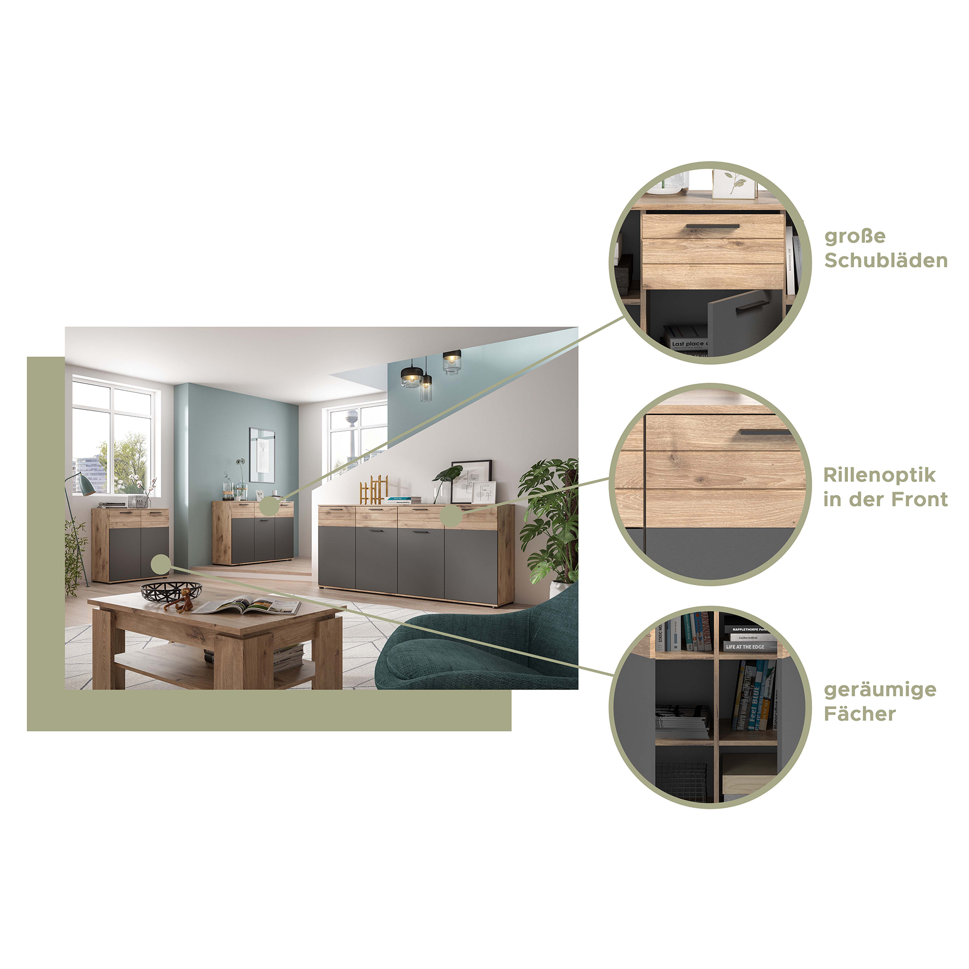 Kommode MASON - Nox Oak - Basalt grau - 80 cm