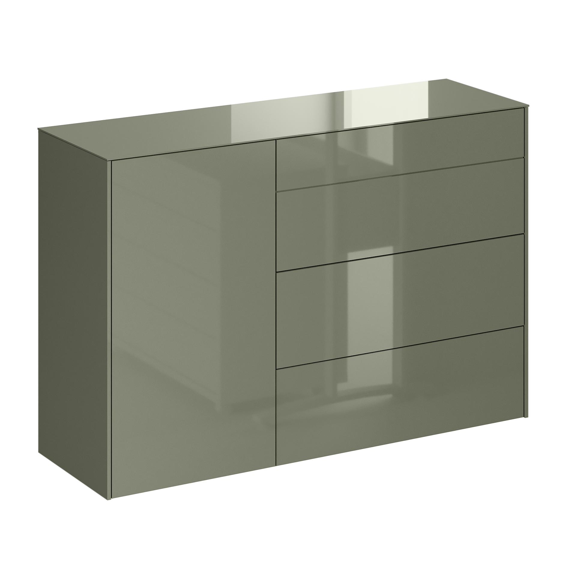 Kommode - olivgrün glänzend - olivgrün matt - mit Glas - 3 Schubkästen - eine Tür