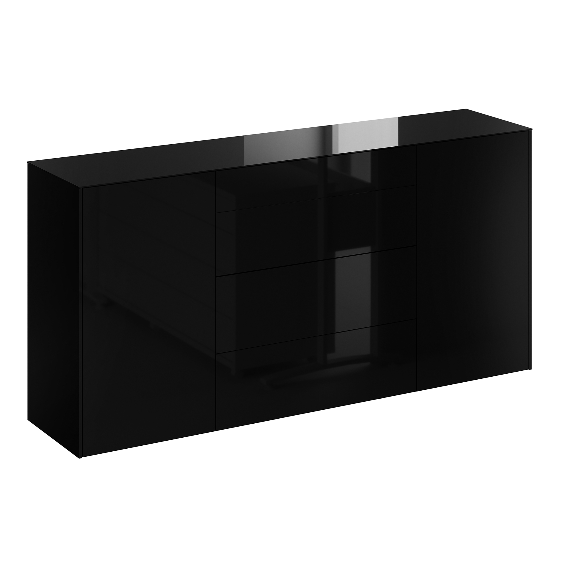 Kommode - schwarz glänzend - schwarz matt - mit Glas - 3 Schubkästen - 2 Türen