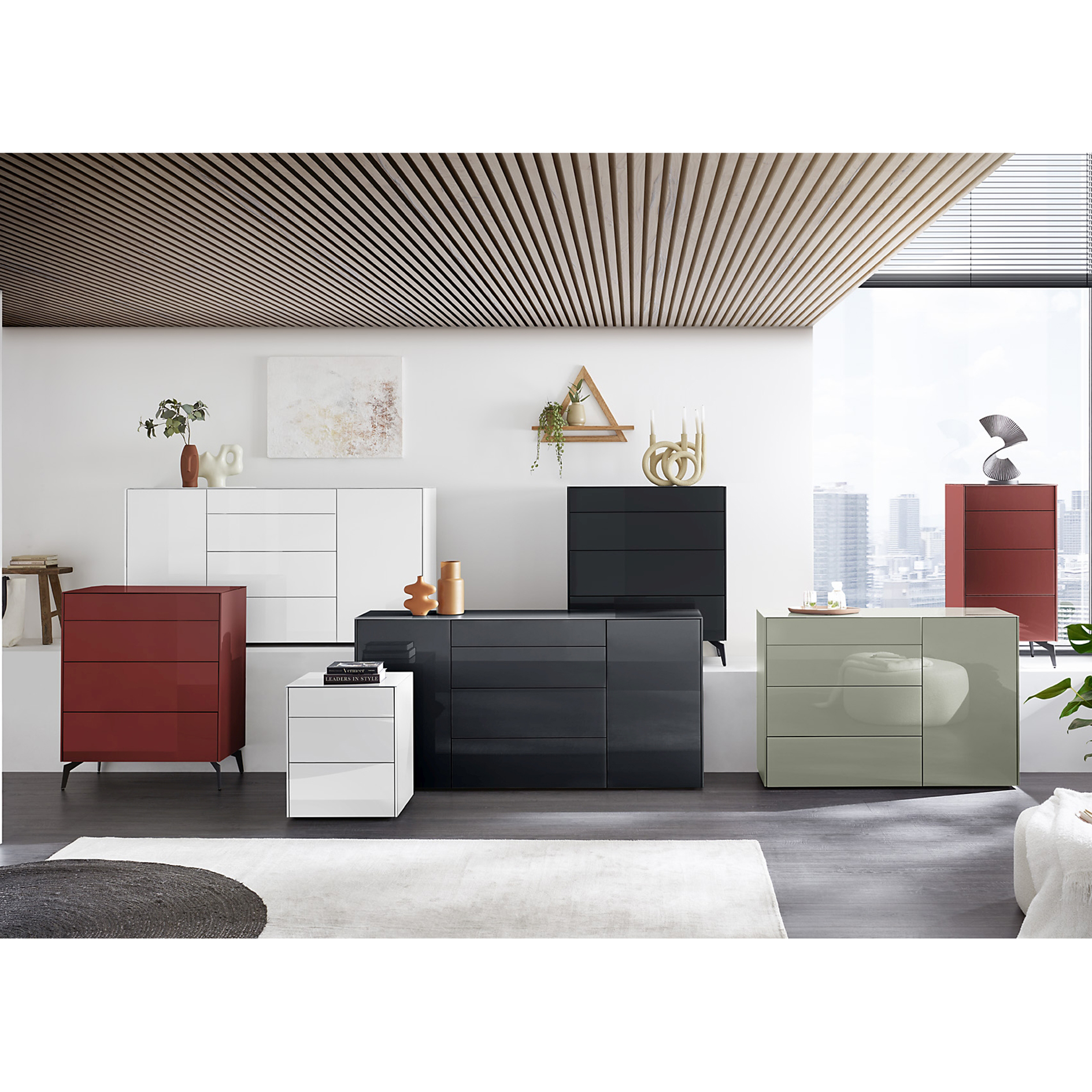 Kommode - schwarz glänzend - schwarz matt - mit Glas - 3 Schubkästen - 82 cm