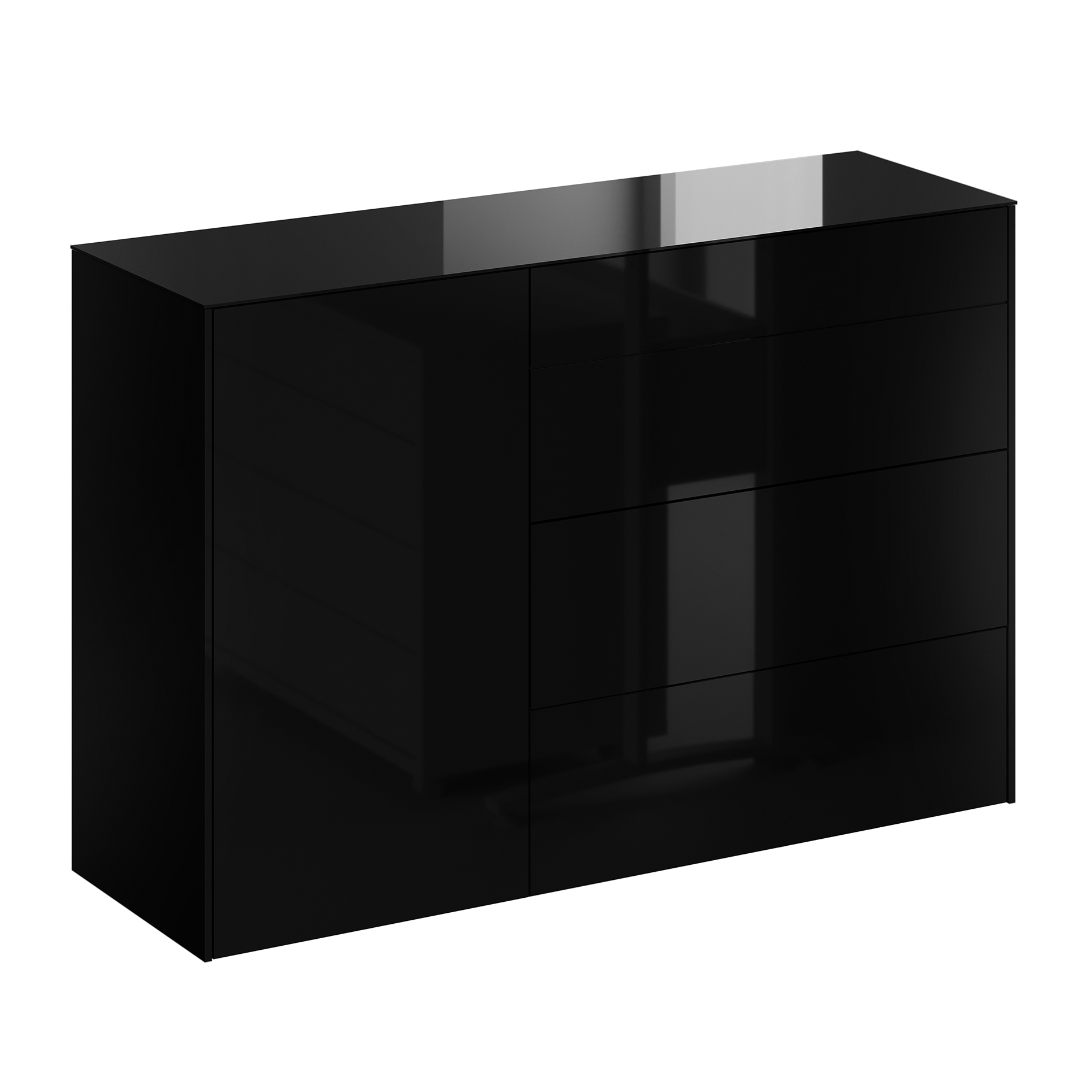 Kommode - schwarz glänzend - schwarz matt - mit Glas - 3 Schubkästen - eine Tür